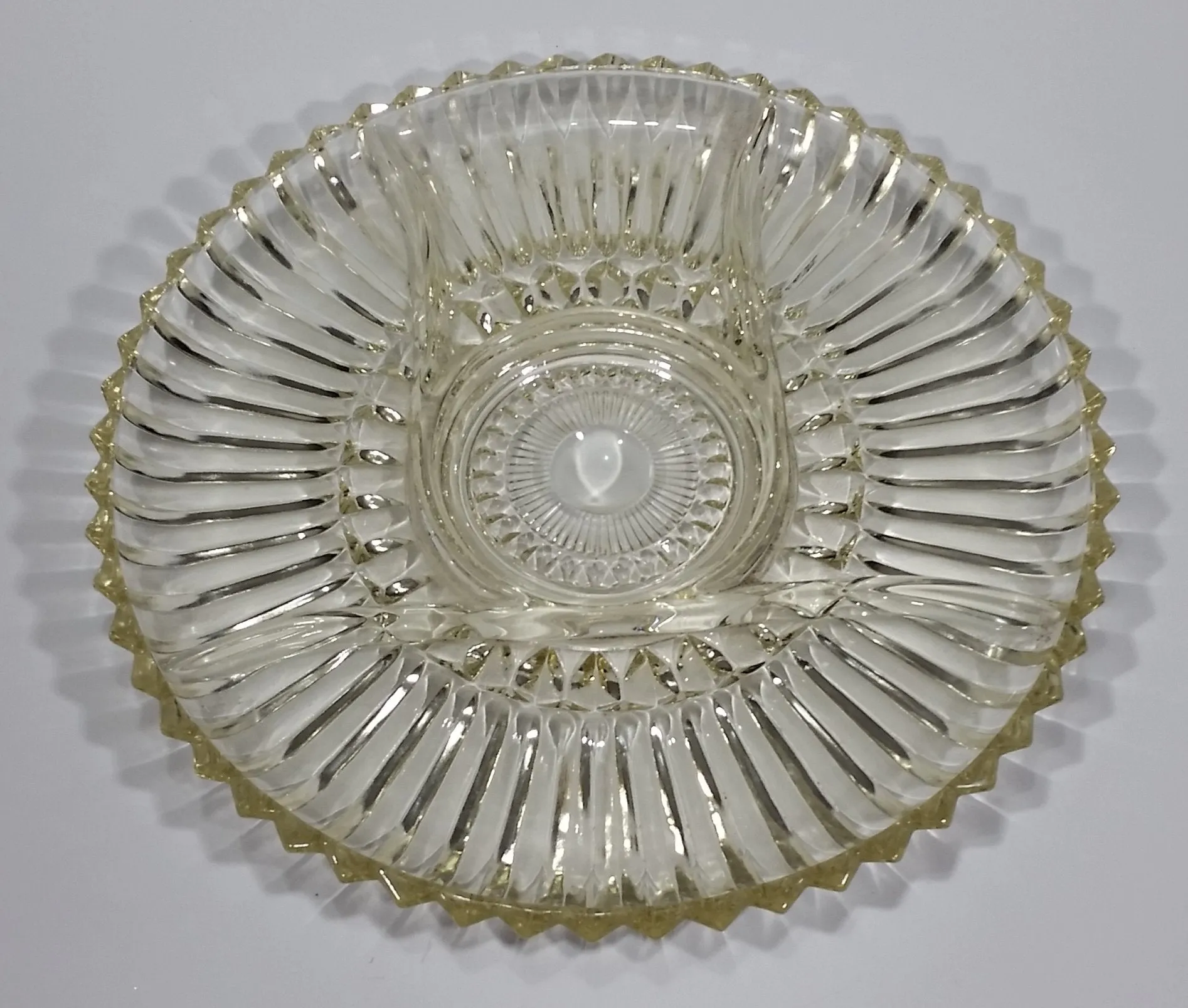 12" Round Yellow Iridescent Crystal Sectioned Vegetable and Dip Serving Platter