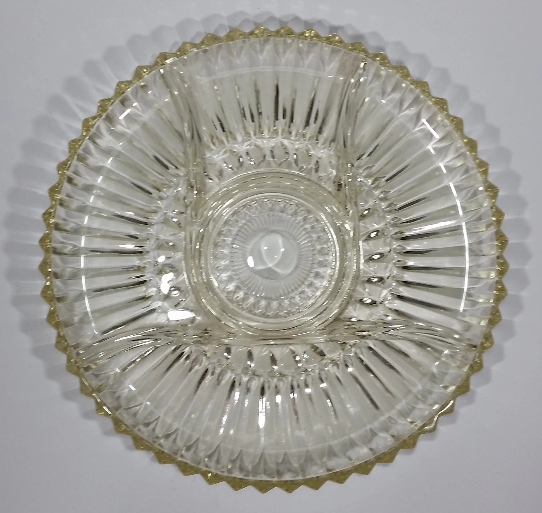 12" Round Yellow Iridescent Crystal Sectioned Vegetable and Dip Serving Platter