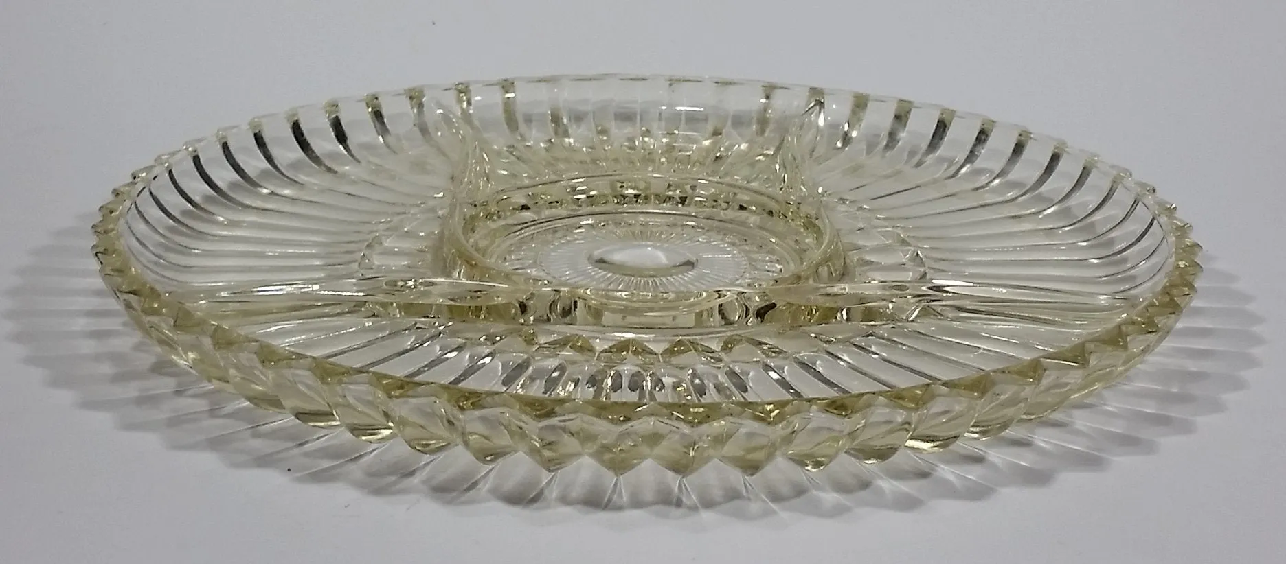 12" Round Yellow Iridescent Crystal Sectioned Vegetable and Dip Serving Platter