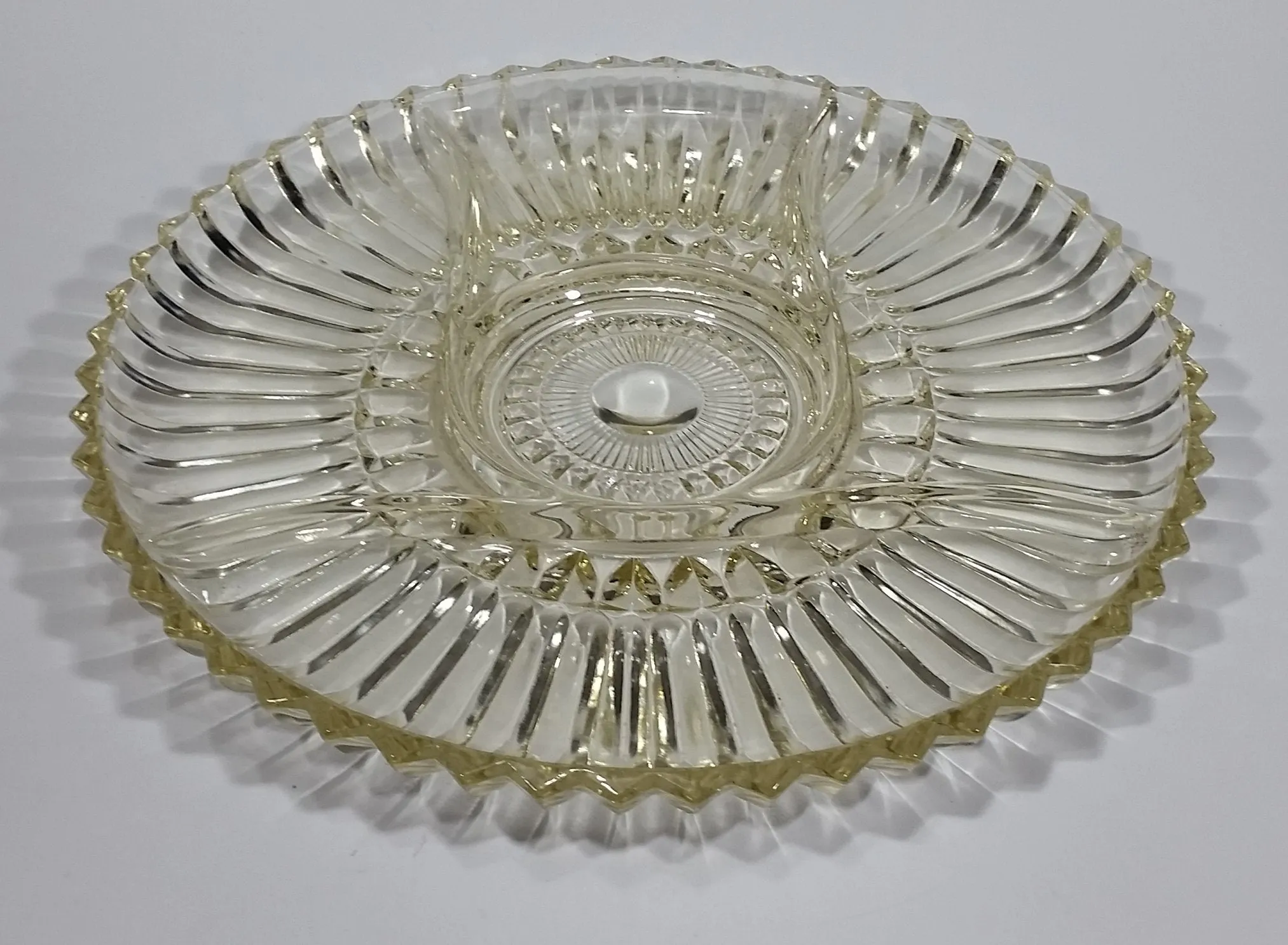 12" Round Yellow Iridescent Crystal Sectioned Vegetable and Dip Serving Platter