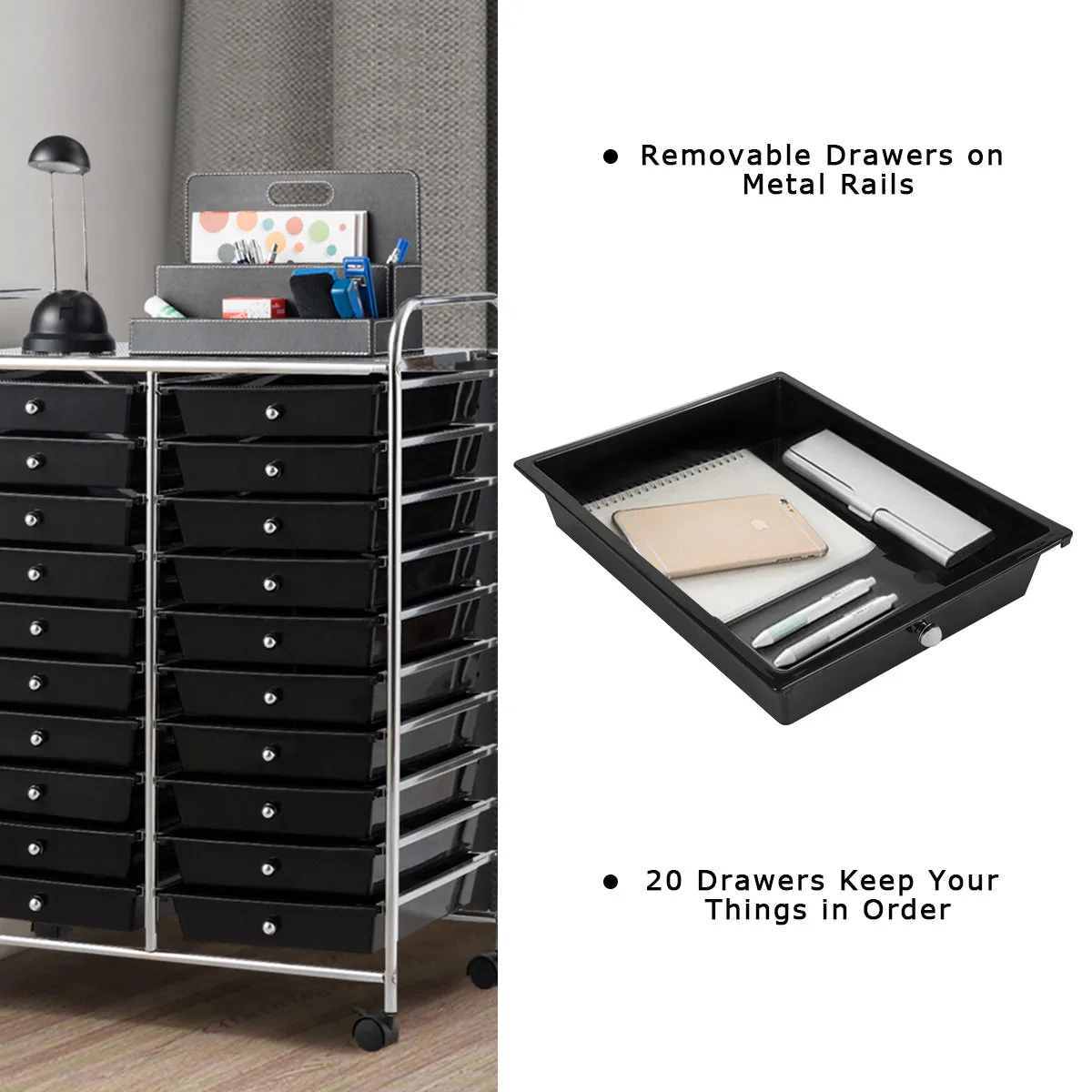 20 Drawers Storage Trolley with 4 Wheels for Beauty Salon-Black