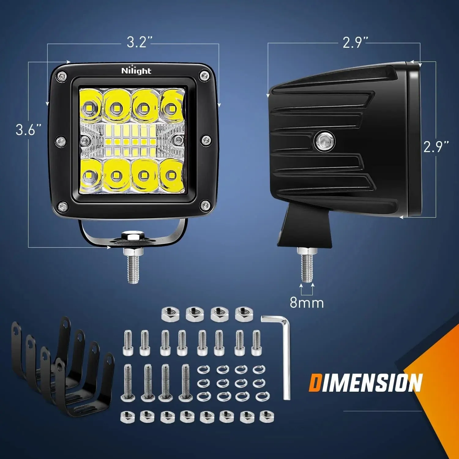 3 Inch 42W Triple Row Cube Spot Flood LED Pods (2 Pairs) | 10FT Wire 3Pin Switch