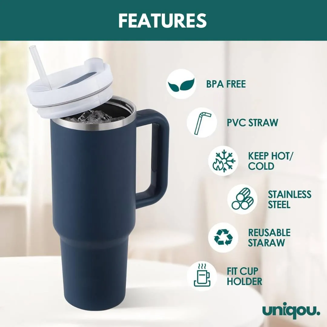 40 Oz (1.1 Ltr) Insulated Tumbler/Mug with Handle and Straw | Stainless Steel Leak Proof Tumbler for Car Gym Office Travel - Uniqou™