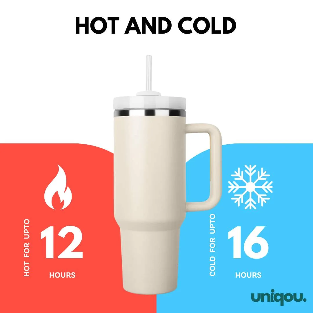 40 Oz (1.1 Ltr) Insulated Tumbler/Mug with Handle and Straw | Stainless Steel Leak Proof Tumbler for Car Gym Office Travel - Uniqou™