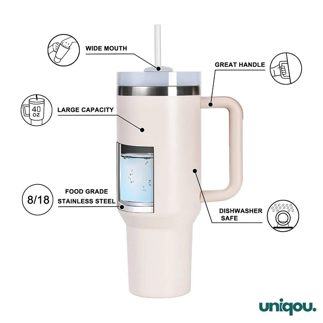 40 Oz (1.1 Ltr) Insulated Tumbler/Mug with Handle and Straw | Stainless Steel Leak Proof Tumbler for Car Gym Office Travel - Uniqou™