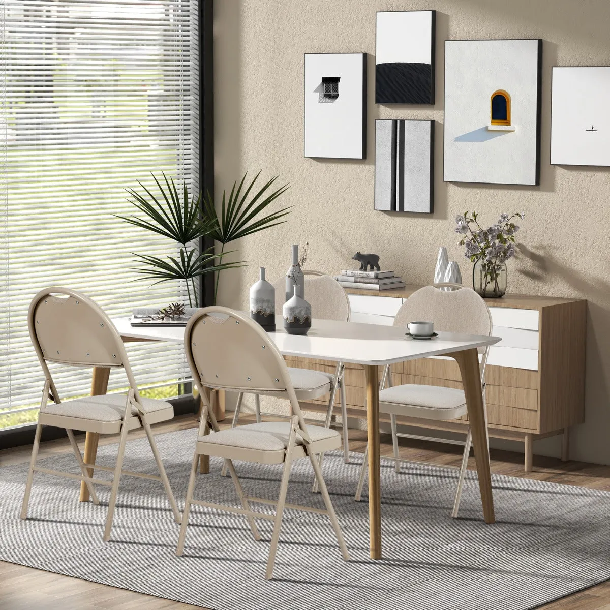 6 Pieces Folding Chairs Set with Handle Hole and Portable Backrest-Beige