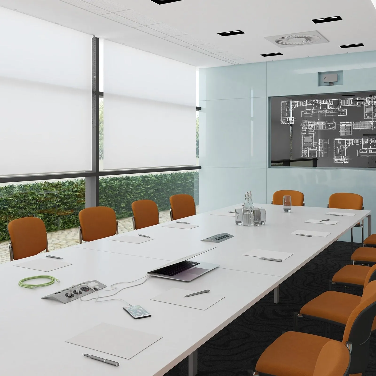 Adapt rectangular boardroom table with 2 cutouts