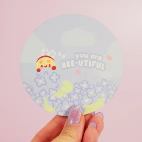 Bumblebutt & Blue Hydrangeas Coaster | You Are Bee-utiful Quote | Cute Kawaii Bee & Floral Decor
