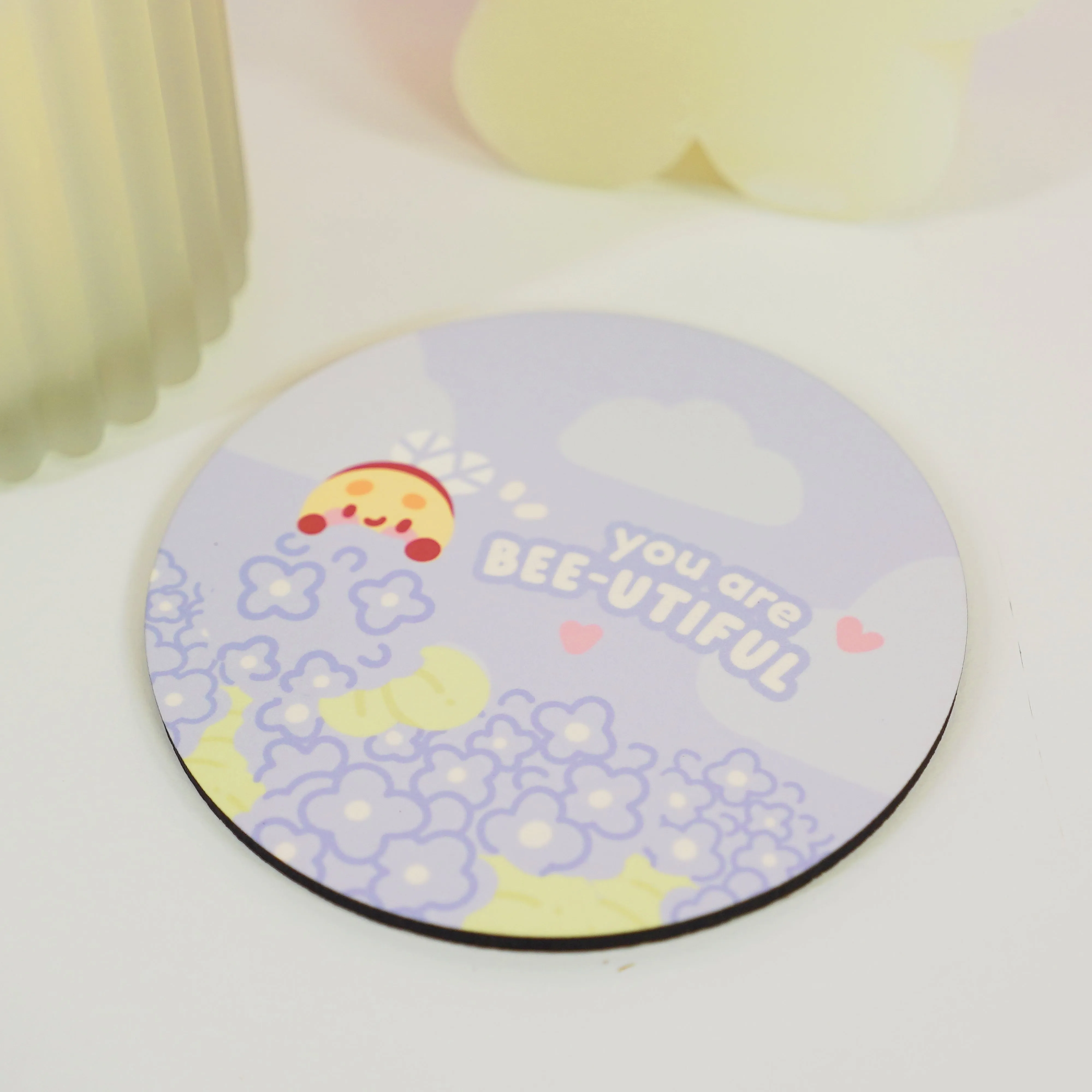 Bumblebutt & Blue Hydrangeas Coaster | You Are Bee-utiful Quote | Cute Kawaii Bee & Floral Decor