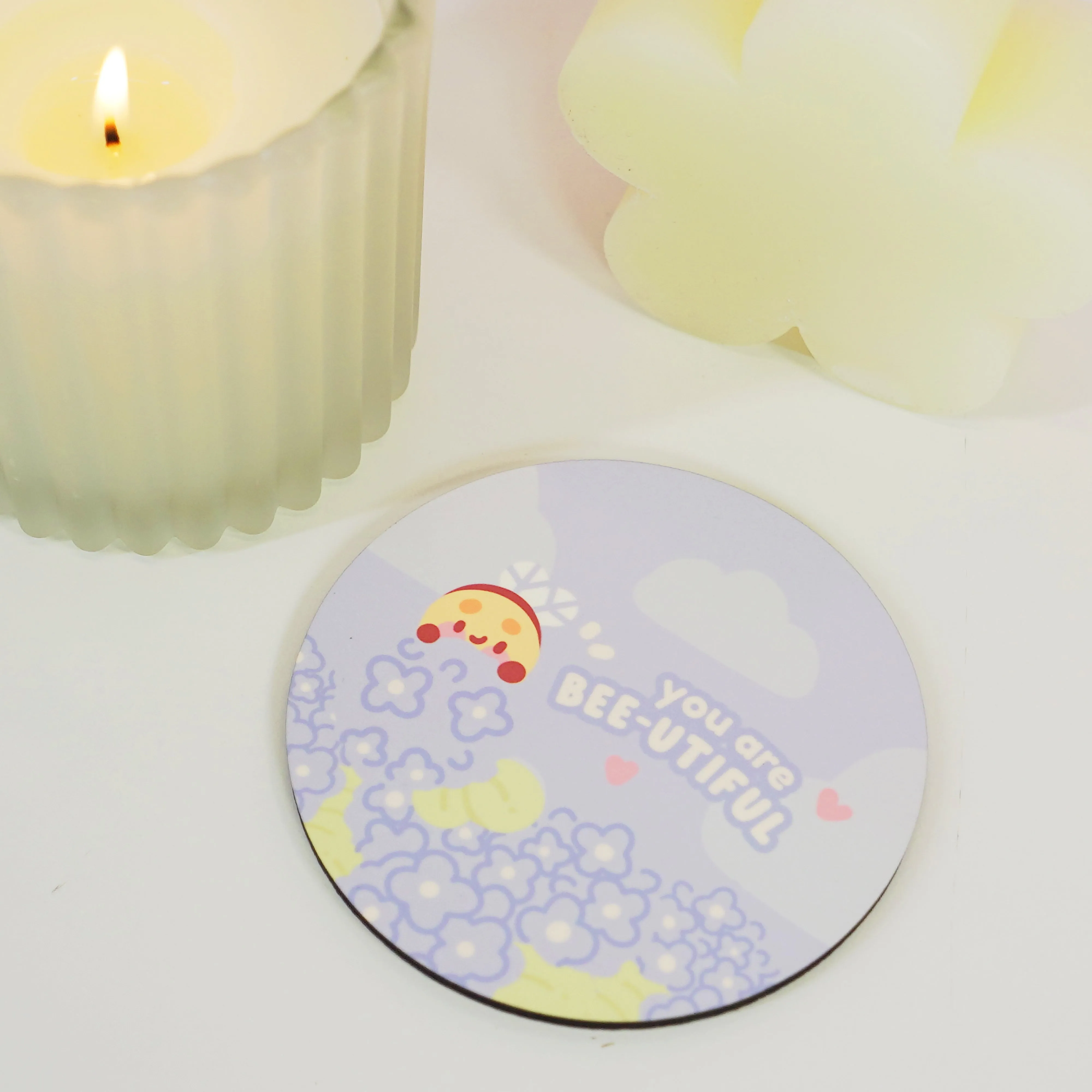 Bumblebutt & Blue Hydrangeas Coaster | You Are Bee-utiful Quote | Cute Kawaii Bee & Floral Decor