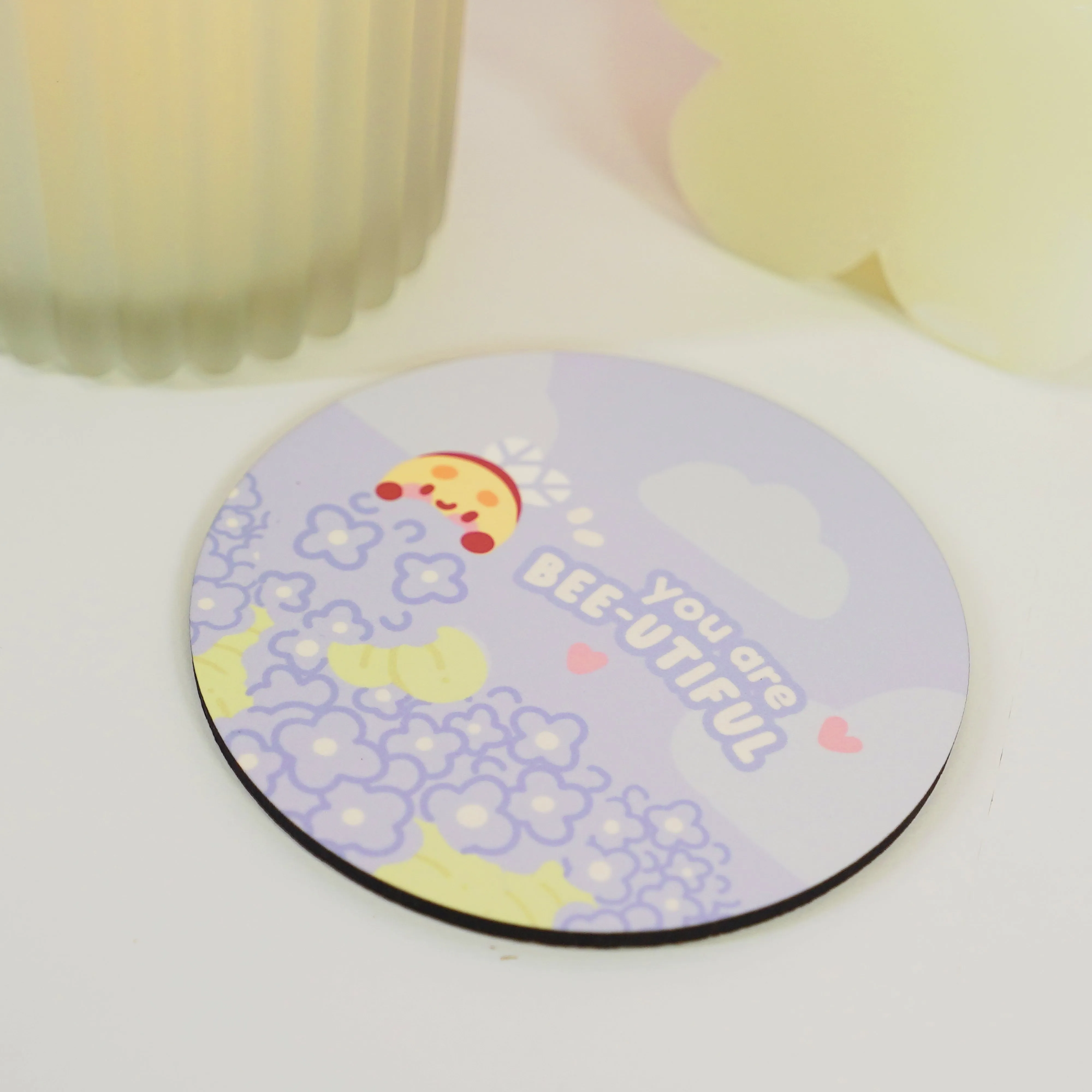 Bumblebutt & Blue Hydrangeas Coaster | You Are Bee-utiful Quote | Cute Kawaii Bee & Floral Decor