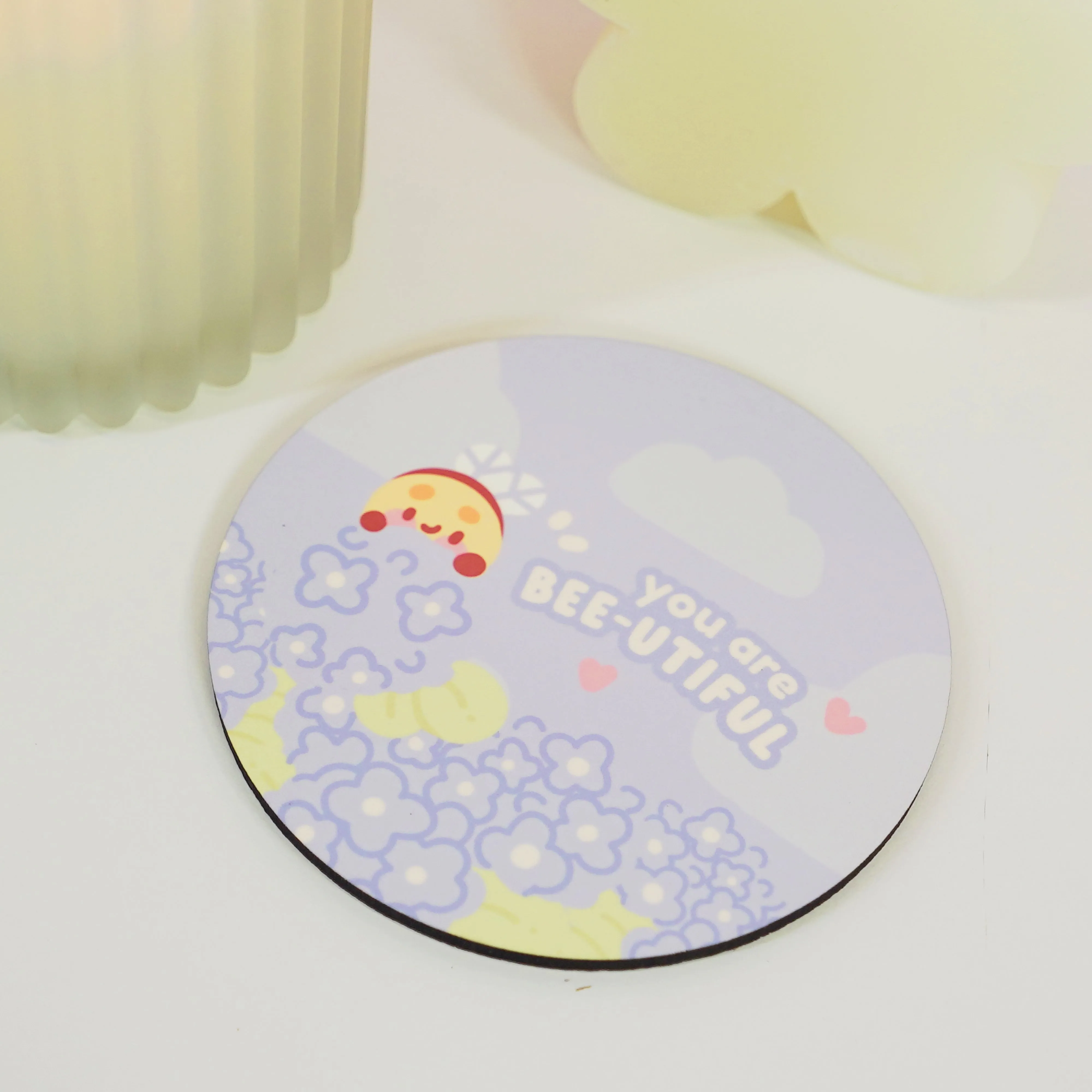 Bumblebutt & Blue Hydrangeas Coaster | You Are Bee-utiful Quote | Cute Kawaii Bee & Floral Decor