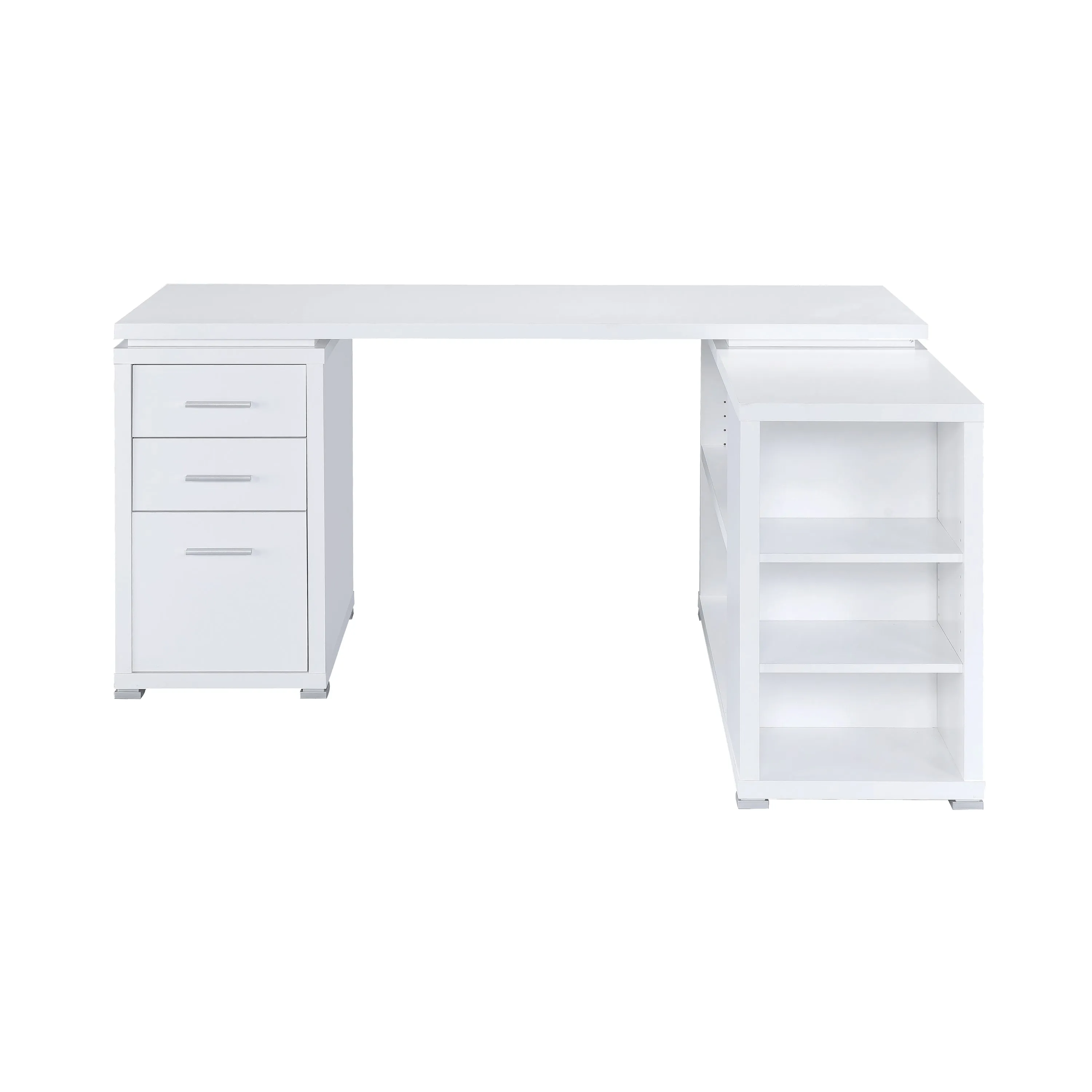 Contemporary L Shaped Office Desk With 3 Drawers And Shelves, White By Benzara