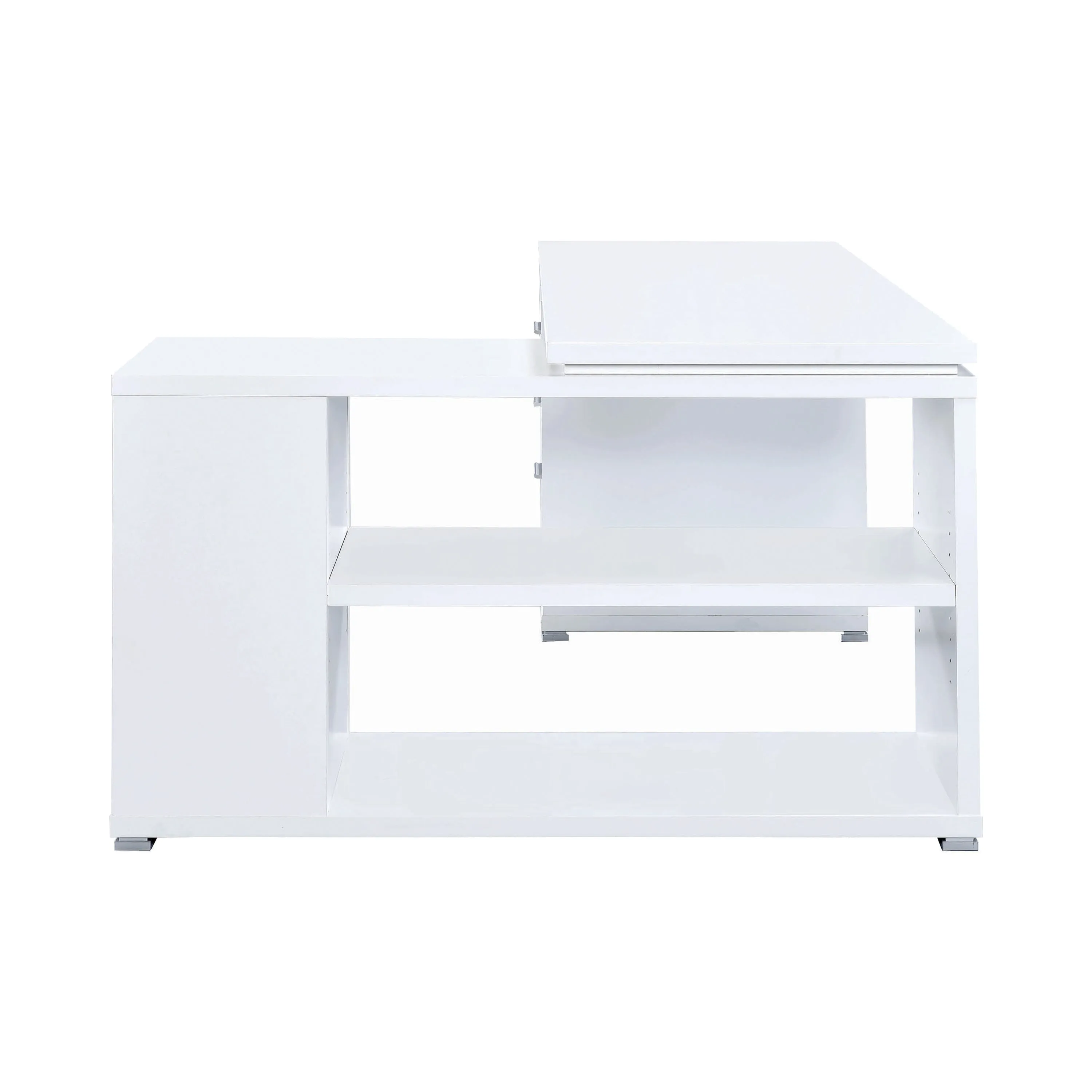 Contemporary L Shaped Office Desk With 3 Drawers And Shelves, White By Benzara