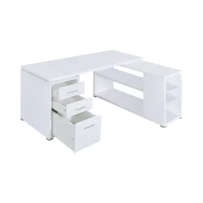 Contemporary L Shaped Office Desk With 3 Drawers And Shelves, White By Benzara