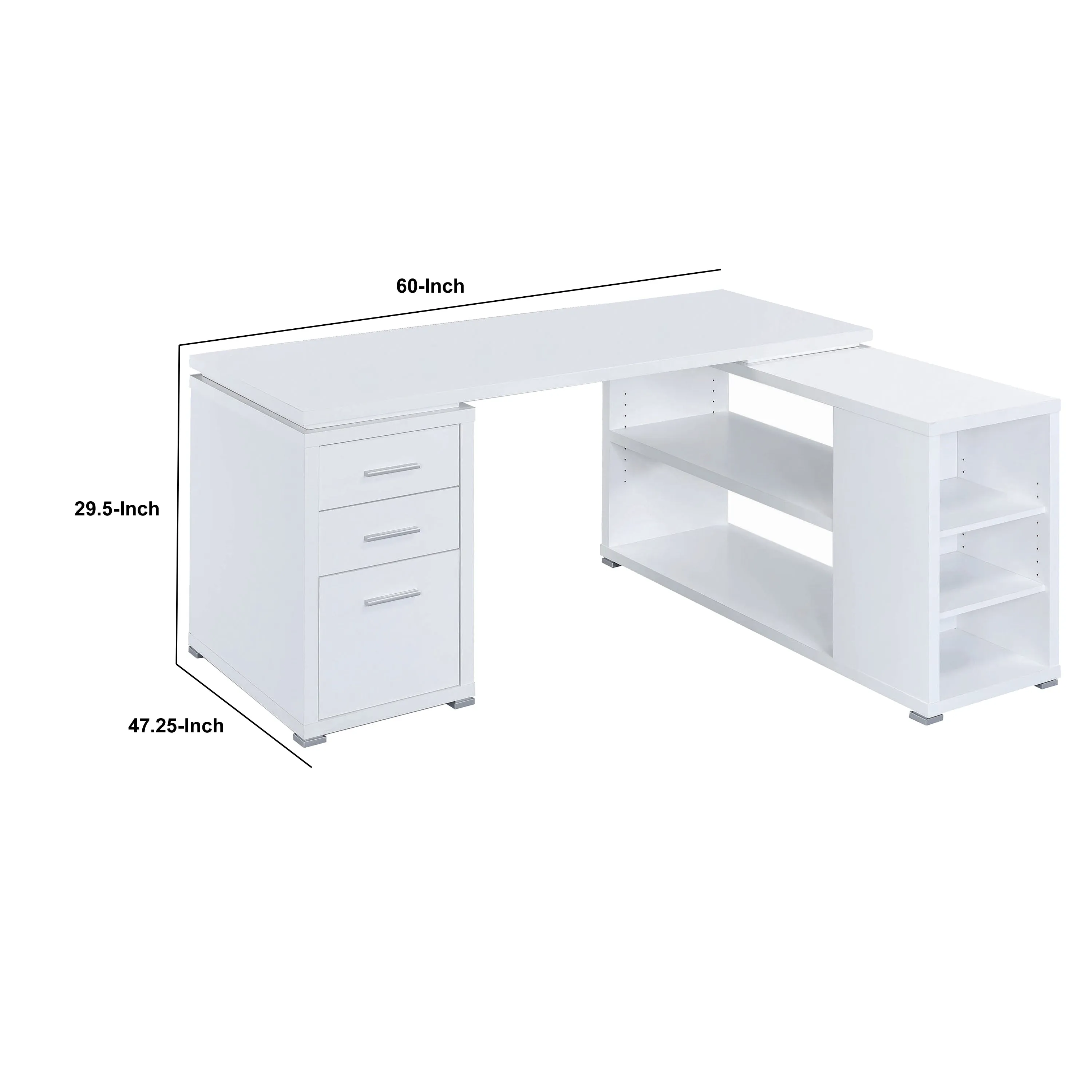 Contemporary L Shaped Office Desk With 3 Drawers And Shelves, White By Benzara