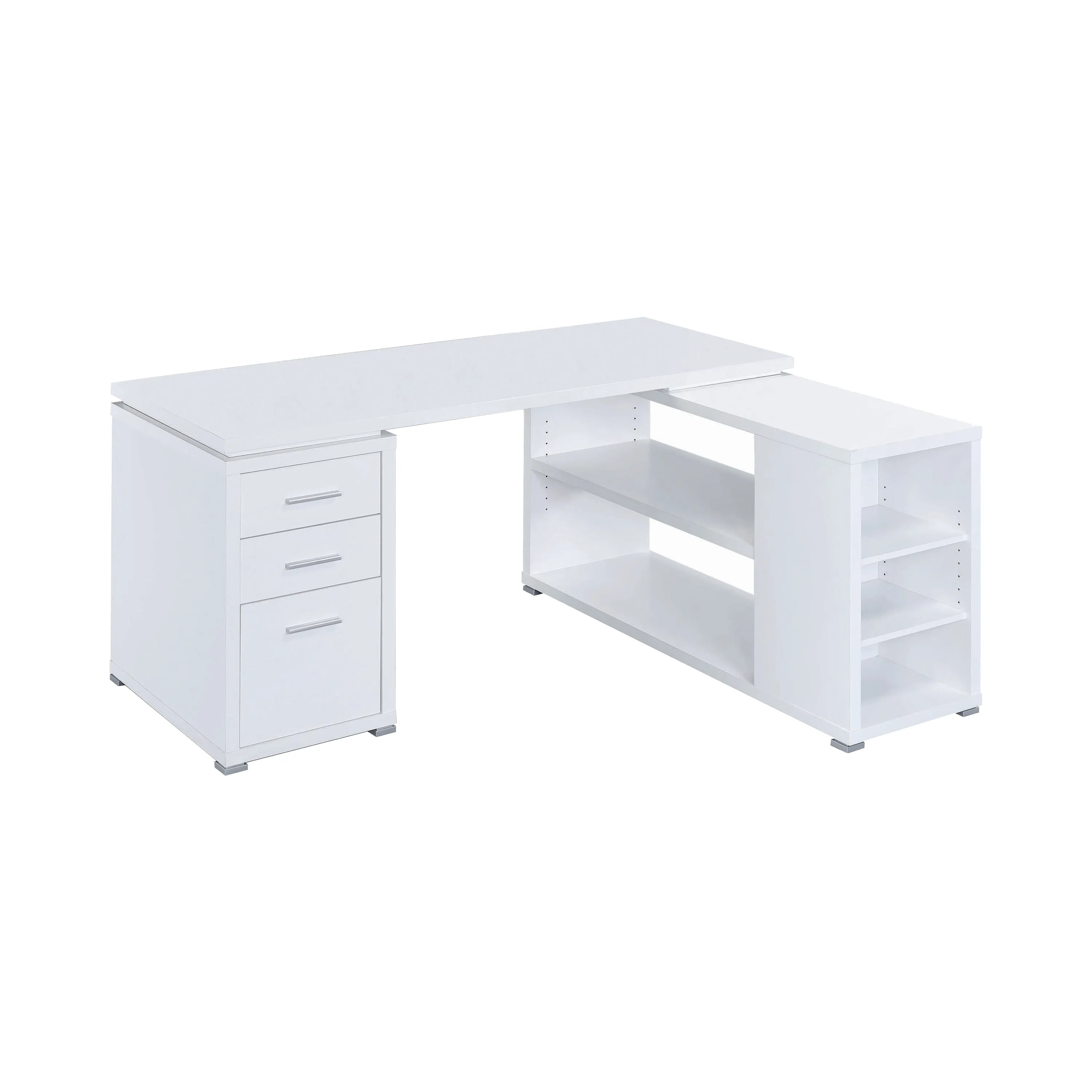 Contemporary L Shaped Office Desk With 3 Drawers And Shelves, White By Benzara