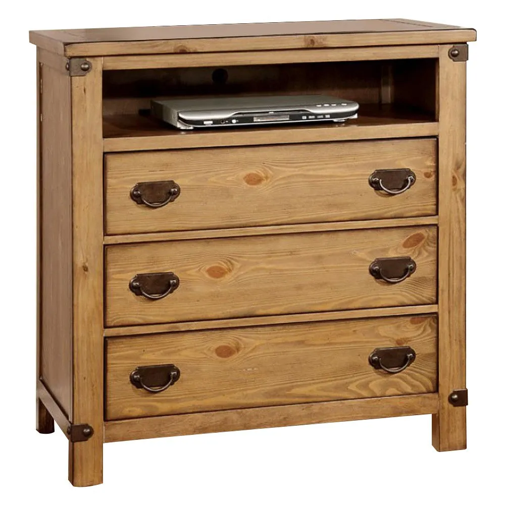Cottage Style Wooden Media Chest With Three Drawers, Brown By Benzara