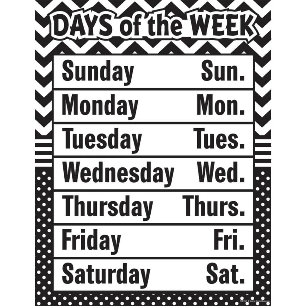 Days Of The Week Chart Black & White Chevron And Dots