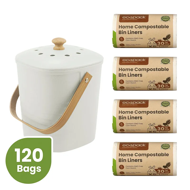 Ecopack Compost Bin Set: Kitchen Compost Bin   8L Compostable Bin Liners (4 Rolls/120 Bags)