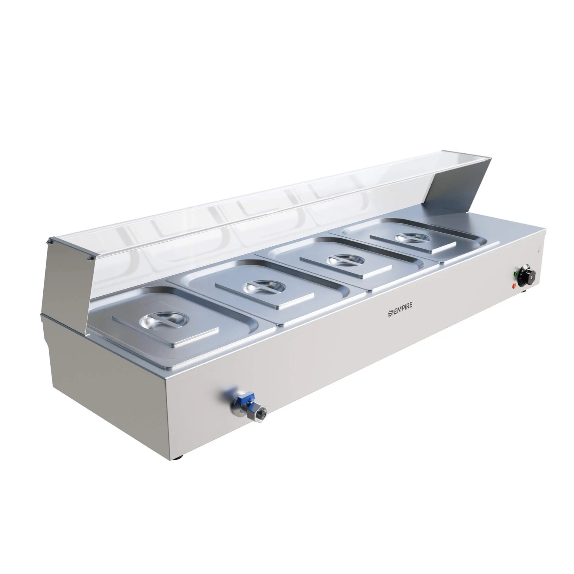 Empire Bain Marie Heated Display Unit 4 x 1/2 GN Pans & Lids With Glass Surround Sneeze Guard - EMP-BM4S