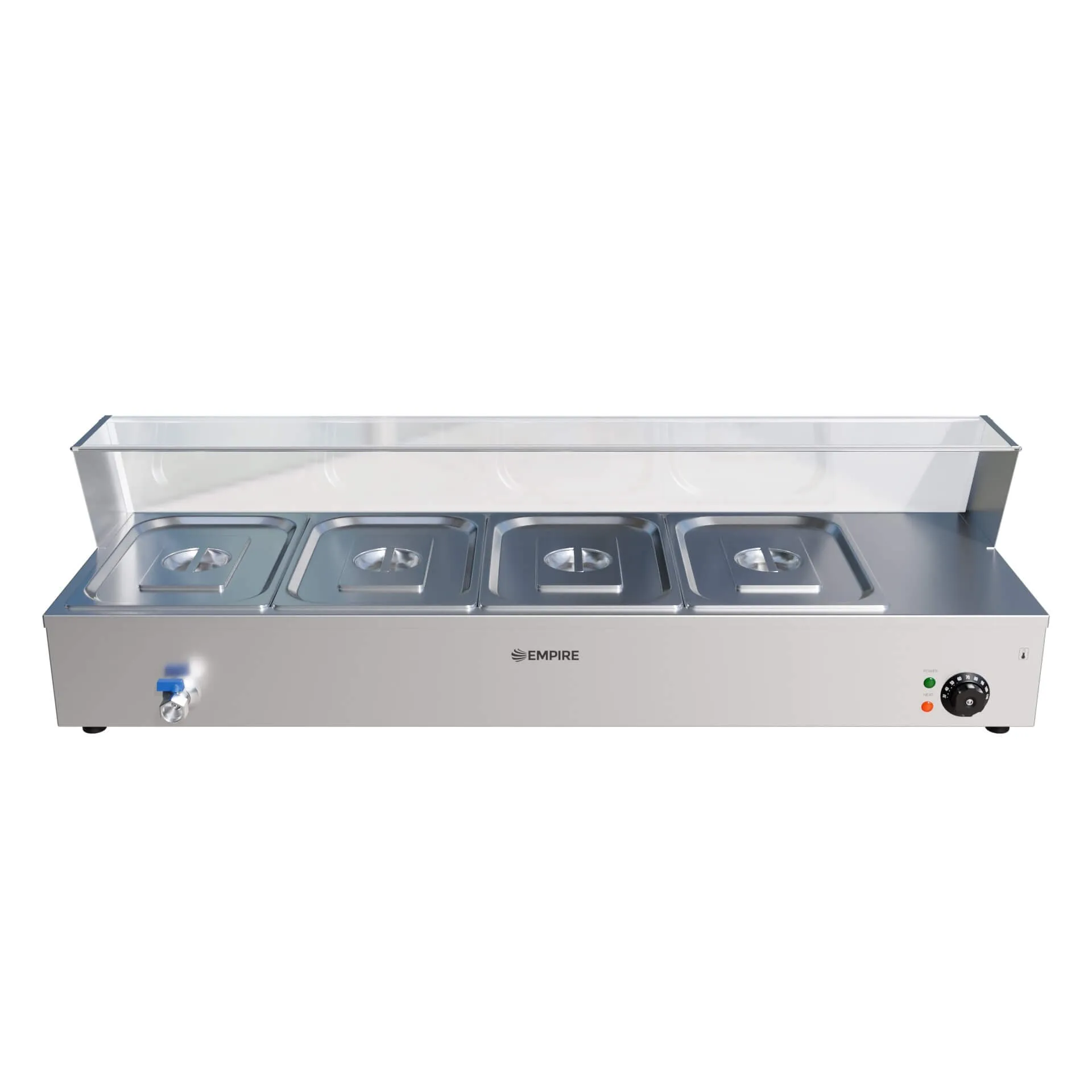 Empire Bain Marie Heated Display Unit 4 x 1/2 GN Pans & Lids With Glass Surround Sneeze Guard - EMP-BM4S