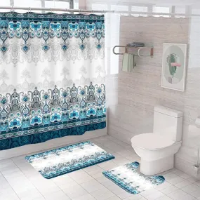 Encasa XO Shower Curtain & Bathmat 3 Pcs Set| Curtain 180x180 cm, Mats 45x75 cm, 45x37.5 cm| Creative Vibrant Coloured Polyster Curtain Sets Bath mats for Bathroom| Blue Turkish Tiles