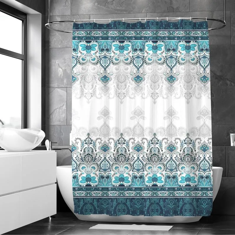 Encasa XO Shower Curtain & Bathmat 3 Pcs Set| Curtain 180x180 cm, Mats 45x75 cm, 45x37.5 cm| Creative Vibrant Coloured Polyster Curtain Sets Bath mats for Bathroom| Blue Turkish Tiles