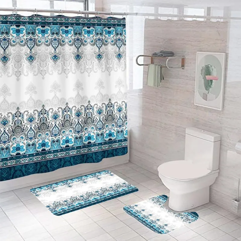 Encasa XO Shower Curtain & Bathmat 3 Pcs Set| Curtain 180x180 cm, Mats 45x75 cm, 45x37.5 cm| Creative Vibrant Coloured Polyster Curtain Sets Bath mats for Bathroom| Blue Turkish Tiles