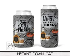 Grilling and Whiskey Neoprene Can Cooler PNG Sublimation Design, Digital Download