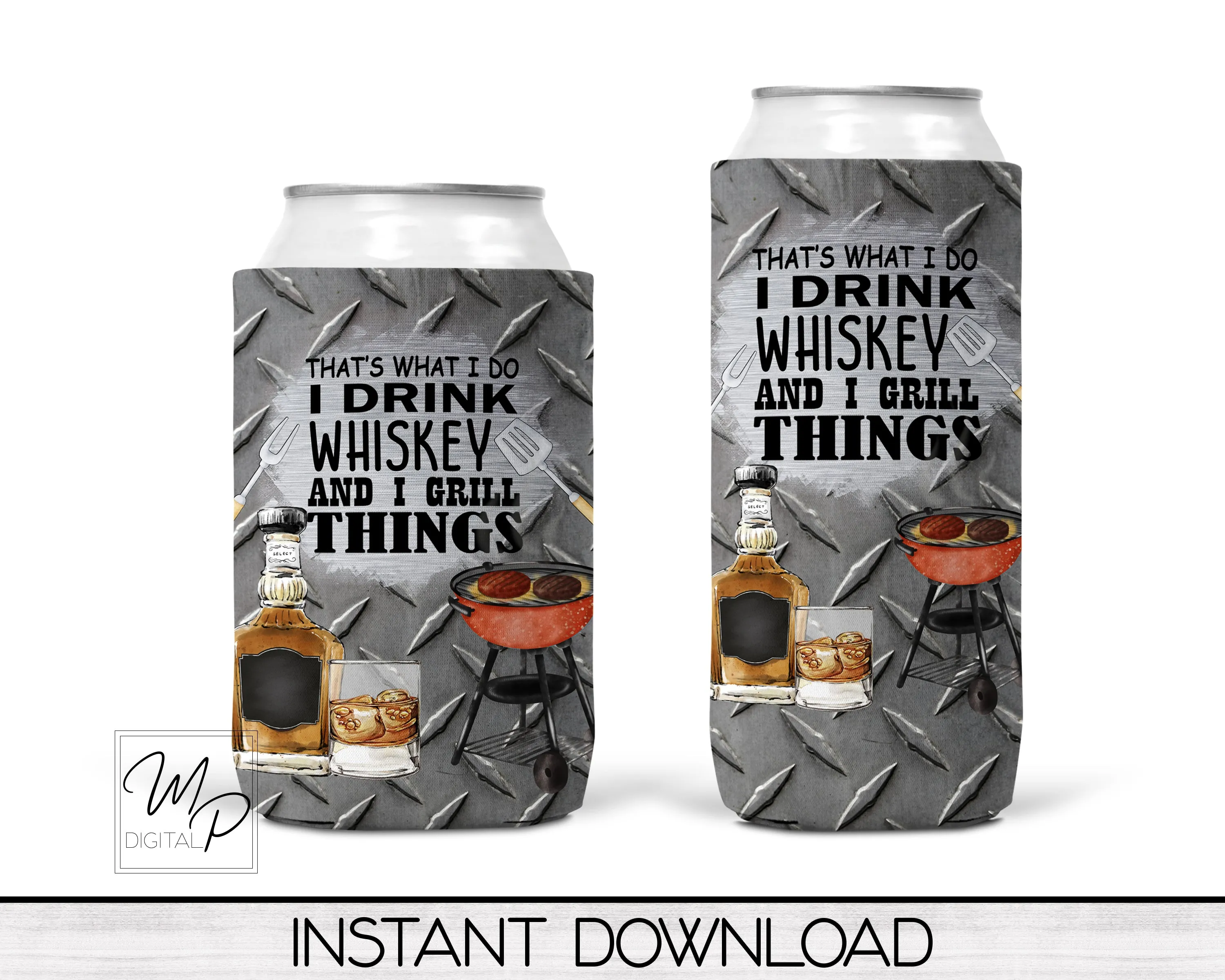Grilling and Whiskey Neoprene Can Cooler PNG Sublimation Design, Digital Download