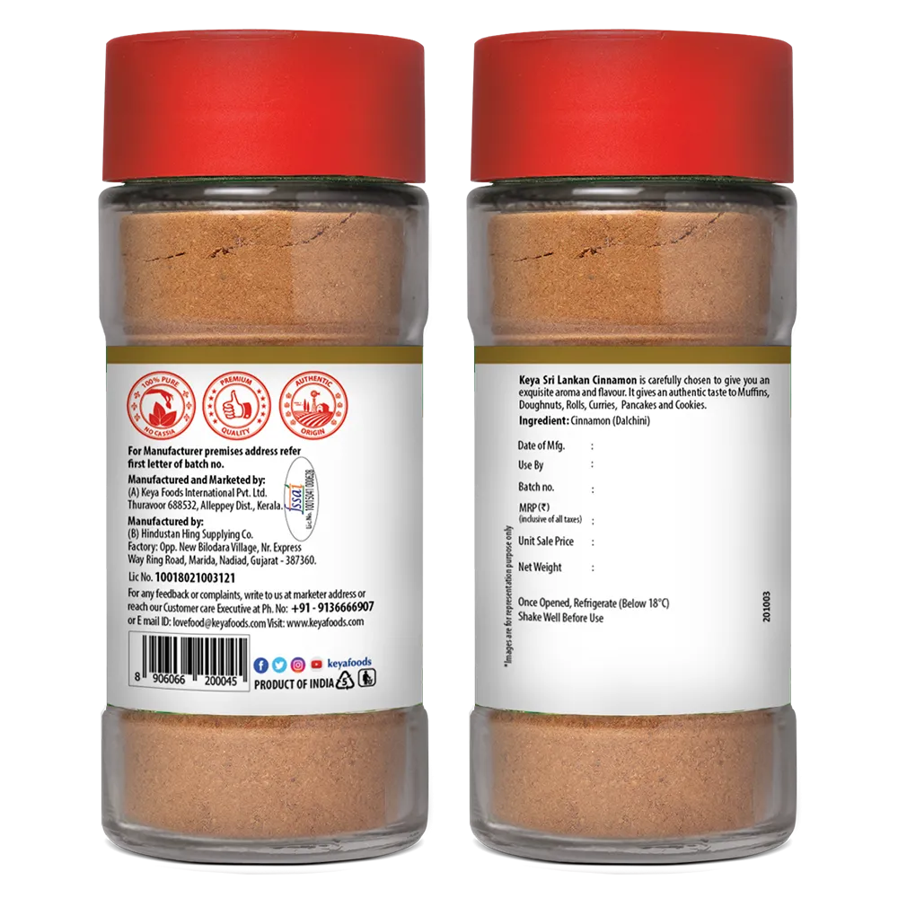 Keya Srilankan Certified Cinnamon Powder | Dalchini Powder | Ceylon Cinnamon | Non Cassia | Sourced from Sri Lanka | 100% Pure & Natural | Packed with Zero Preservatives or Additives | Indian Spices Aroma & Flavour | 45g