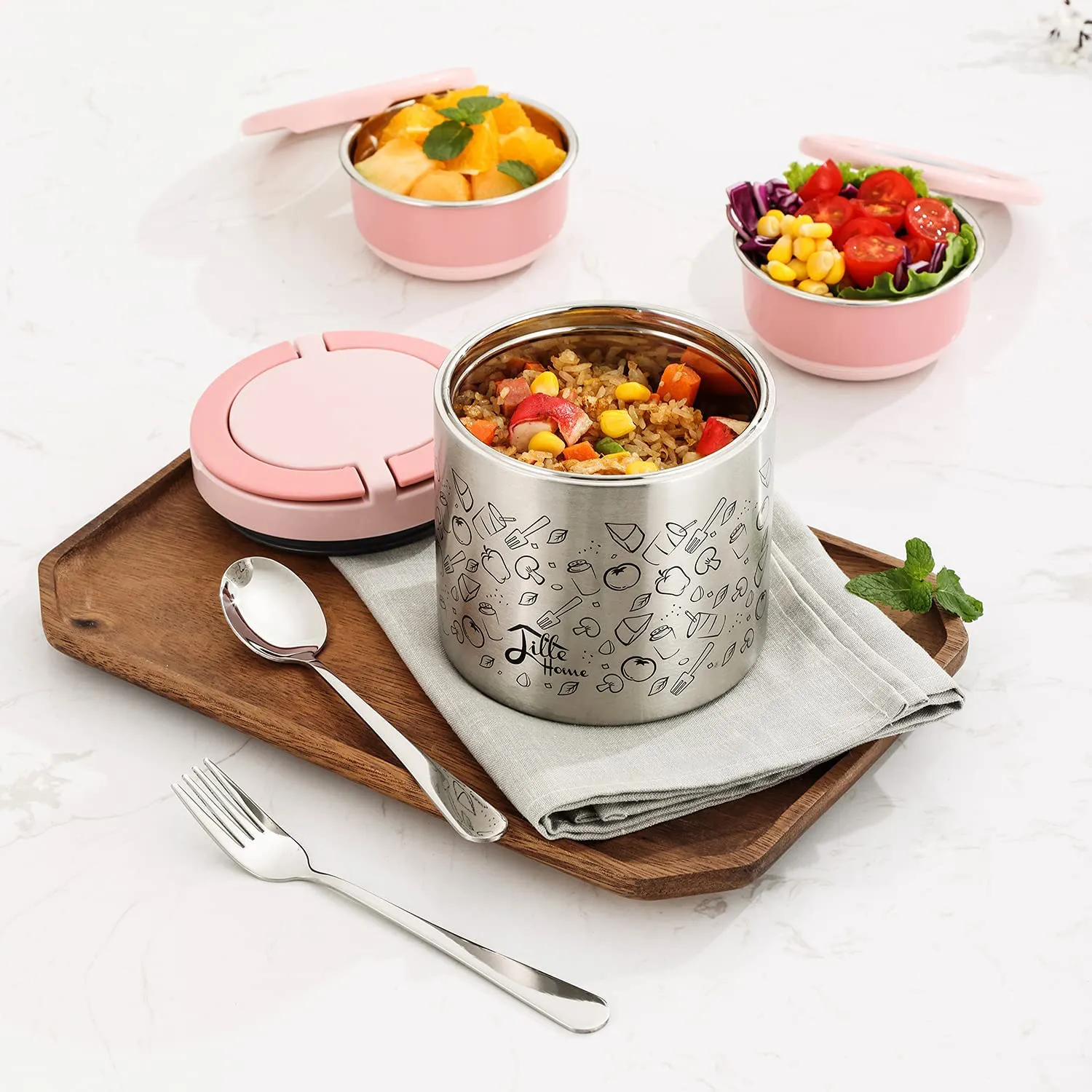 Lille Home Lunch Box Set, A Vacuum Insulated Bento/Snack Box Keeping Food Warm for 4-6 Hours, Two Stainless Steel Food Containers, A Lunch Bag, A Portable Cutlery Set (Green)
