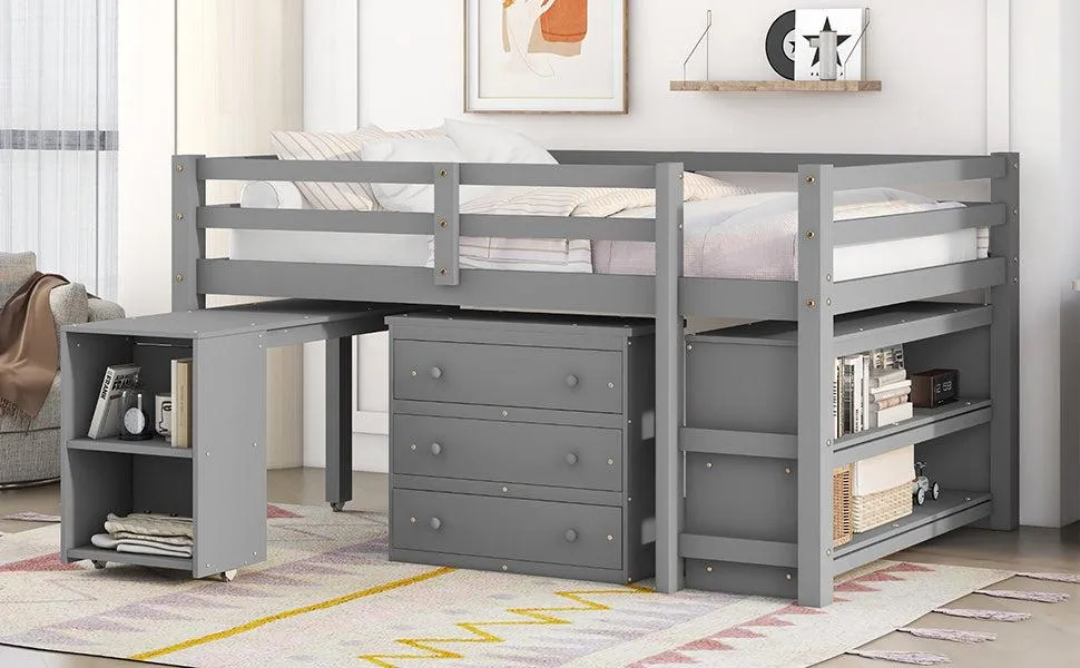 Low Study Full Loft Bed with Cabinet ,Shelves and Rolling Portable Desk ,Multiple Functions Bed- Gray