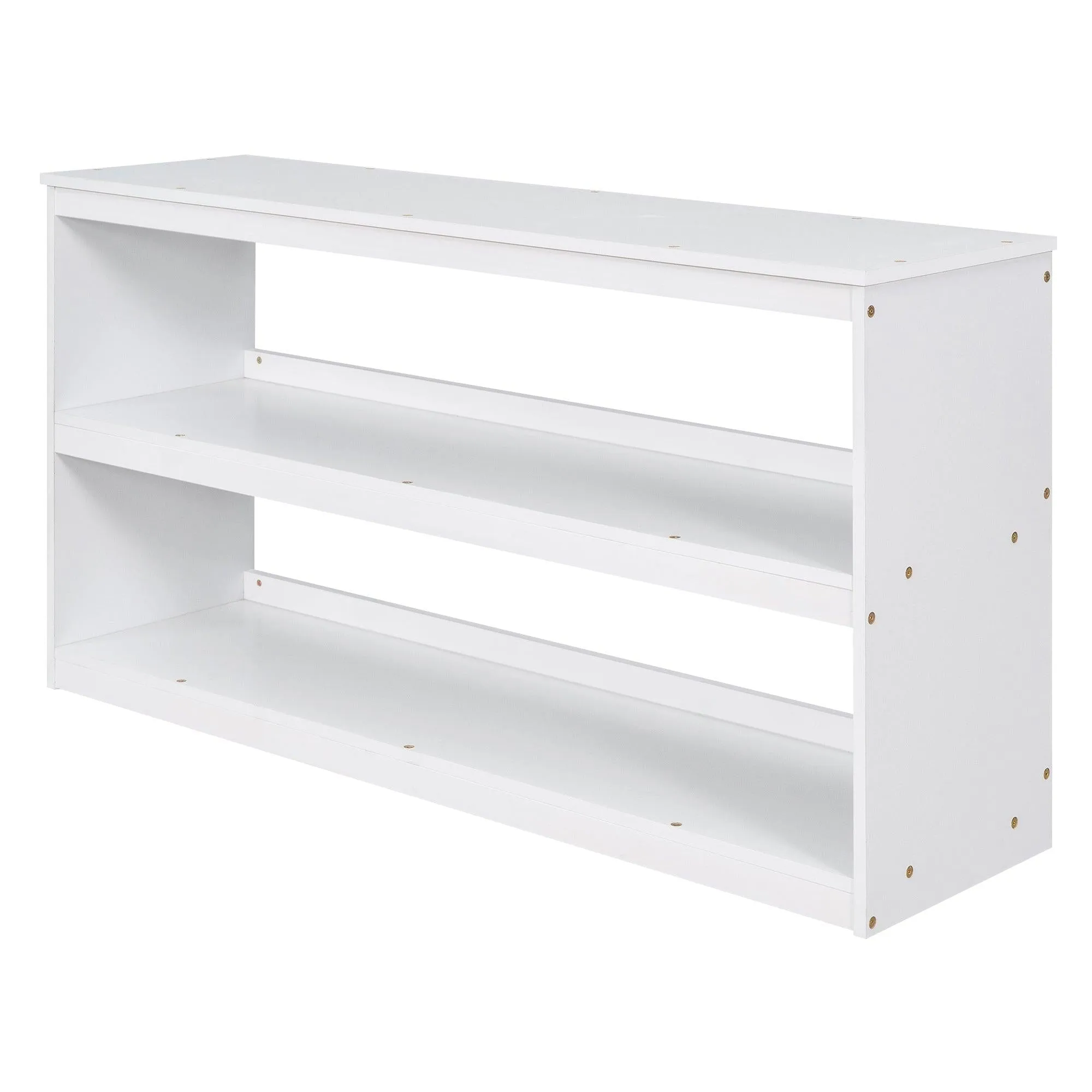 Low Study Full Loft Bed with Cabinet ,Shelves and Rolling Portable Desk ,Multiple Functions Bed- White