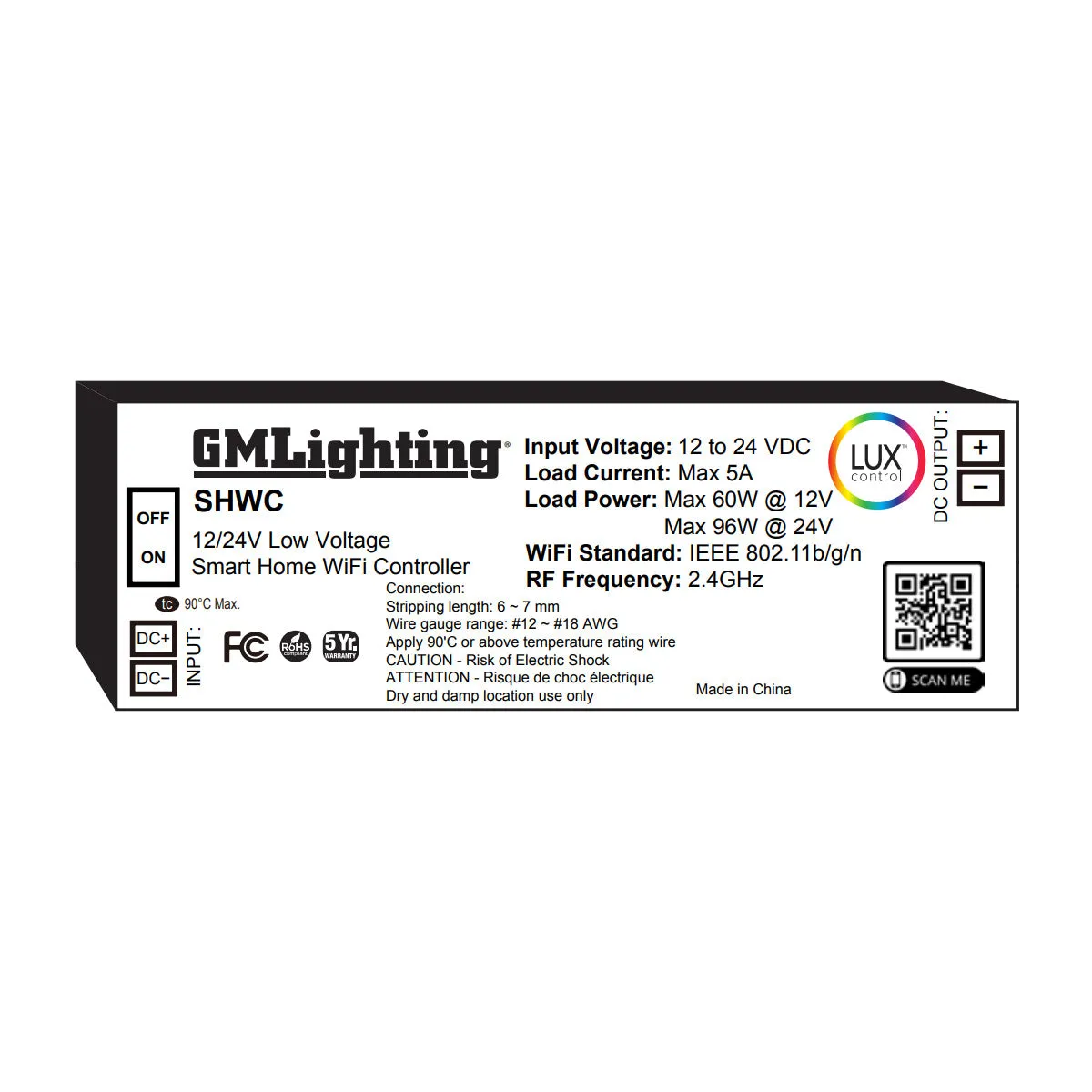 LUXcontrol LED Smart WiFi Controller, 1-Channel / 2-Wire, Standard 12V/24V Low Voltage, 5A