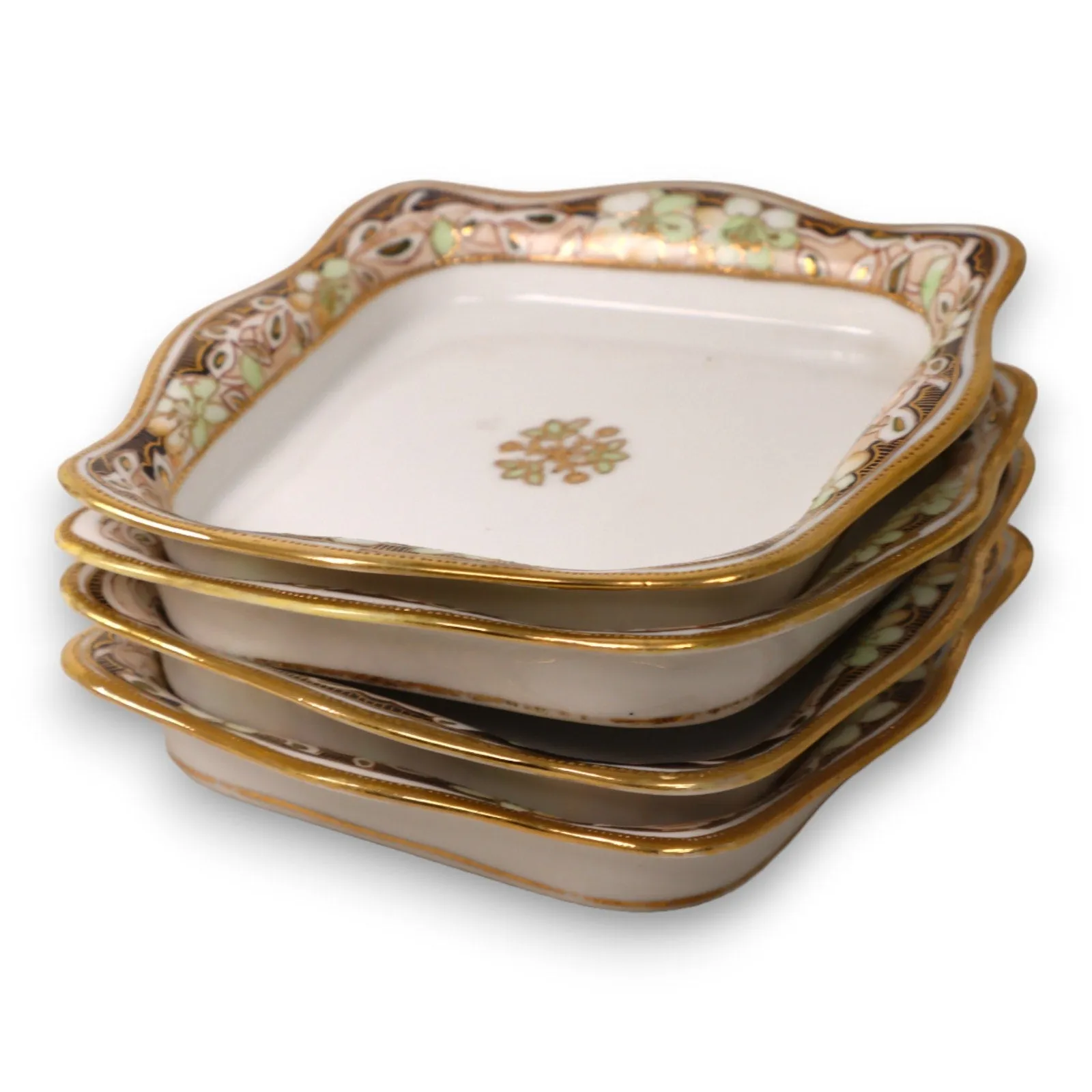 Morimura Bros Nippon Square Trinket Side Dish 5 1/4" Gold Floral Antique C 1900