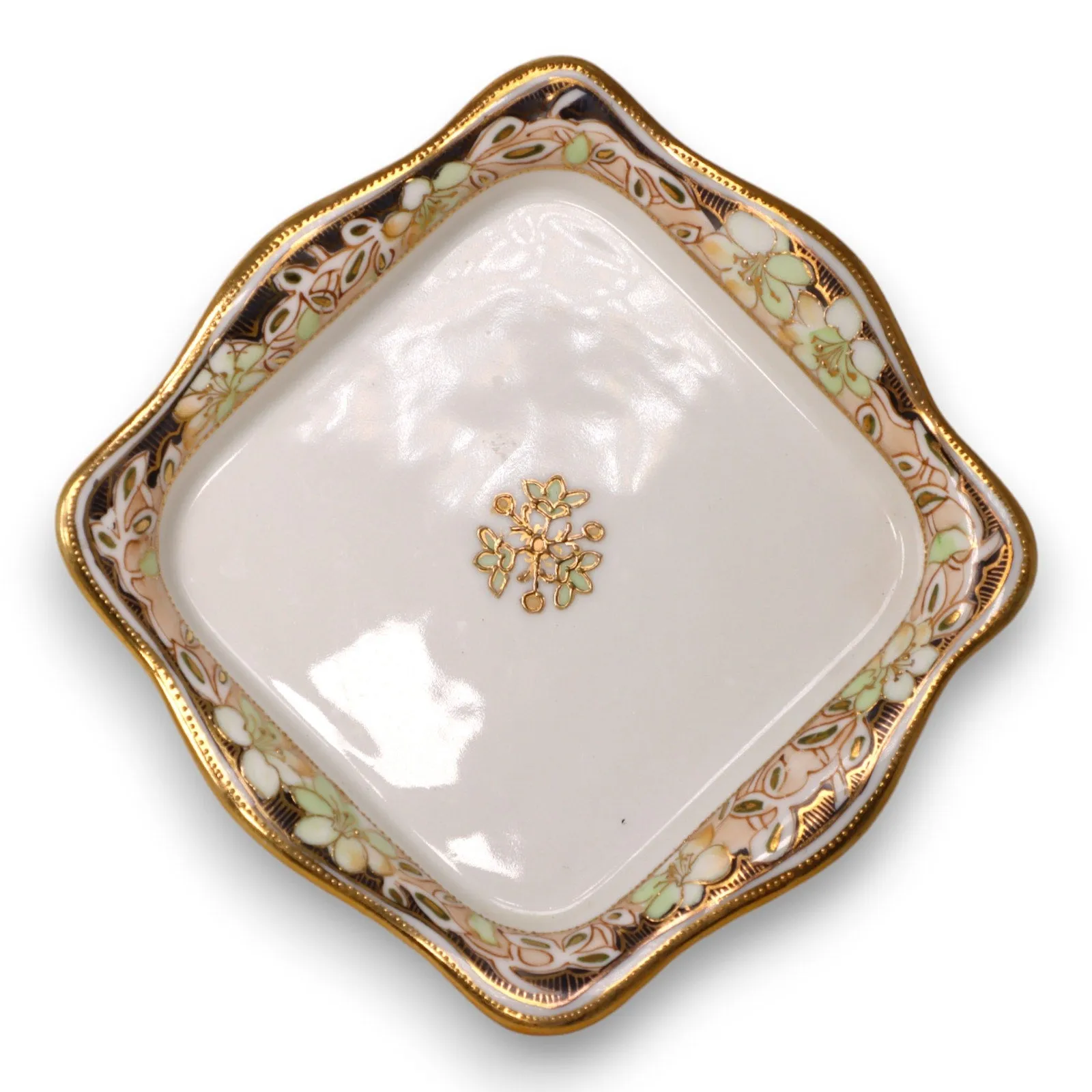 Morimura Bros Nippon Square Trinket Side Dish 5 1/4" Gold Floral Antique C 1900