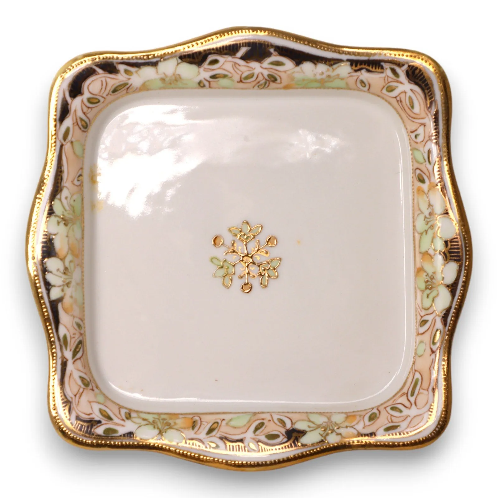 Morimura Bros Nippon Square Trinket Side Dish 5 1/4" Gold Floral Antique C 1900