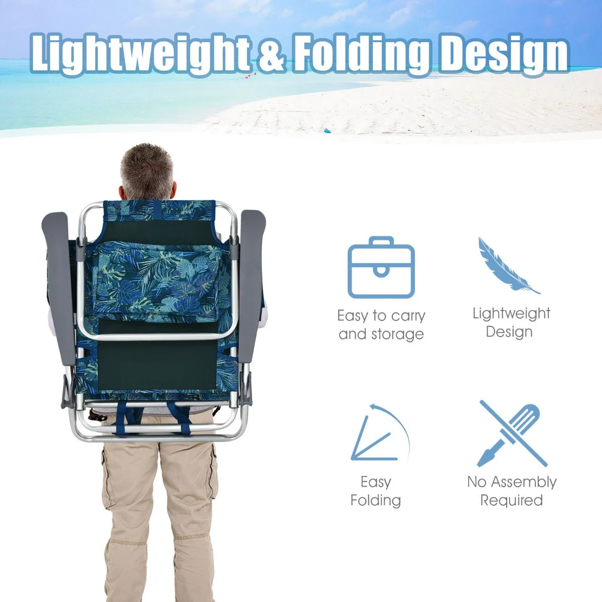 NNECW 2-Pack Folding Backpack 5-Position Beach Chair with Pillow for Outdoor Blue