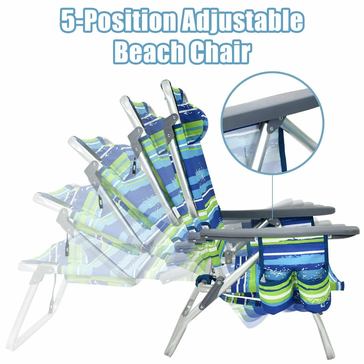 NNECW 2-Pack Folding Backpack 5-Position Beach Chair with Pillow for Outdoor Blue