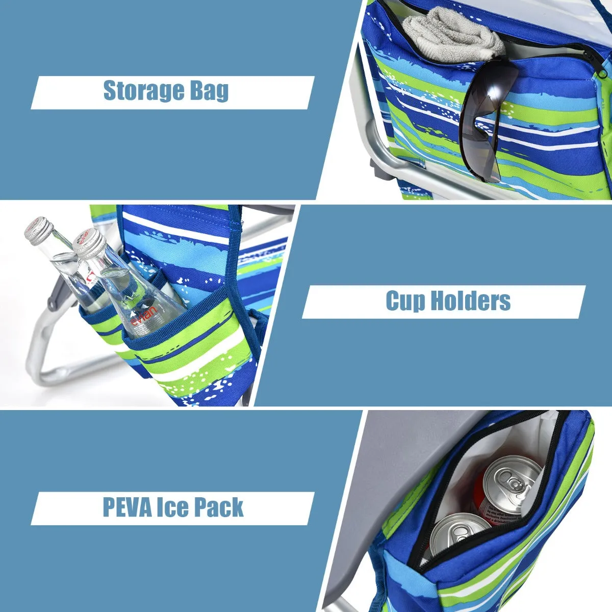 NNECW 2-Pack Folding Backpack 5-Position Beach Chair with Pillow for Outdoor Blue