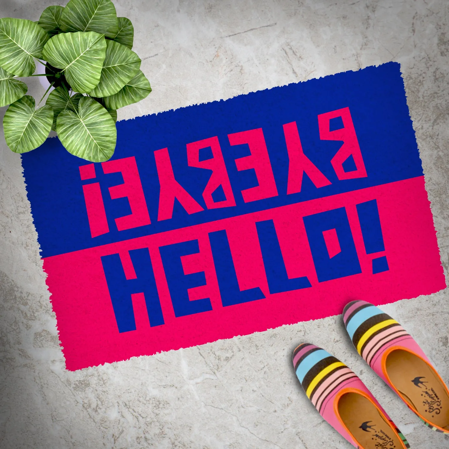 OnlyMat Colourful Blue and Red Hello, Bye Bye printed Coir Entrance Doormat