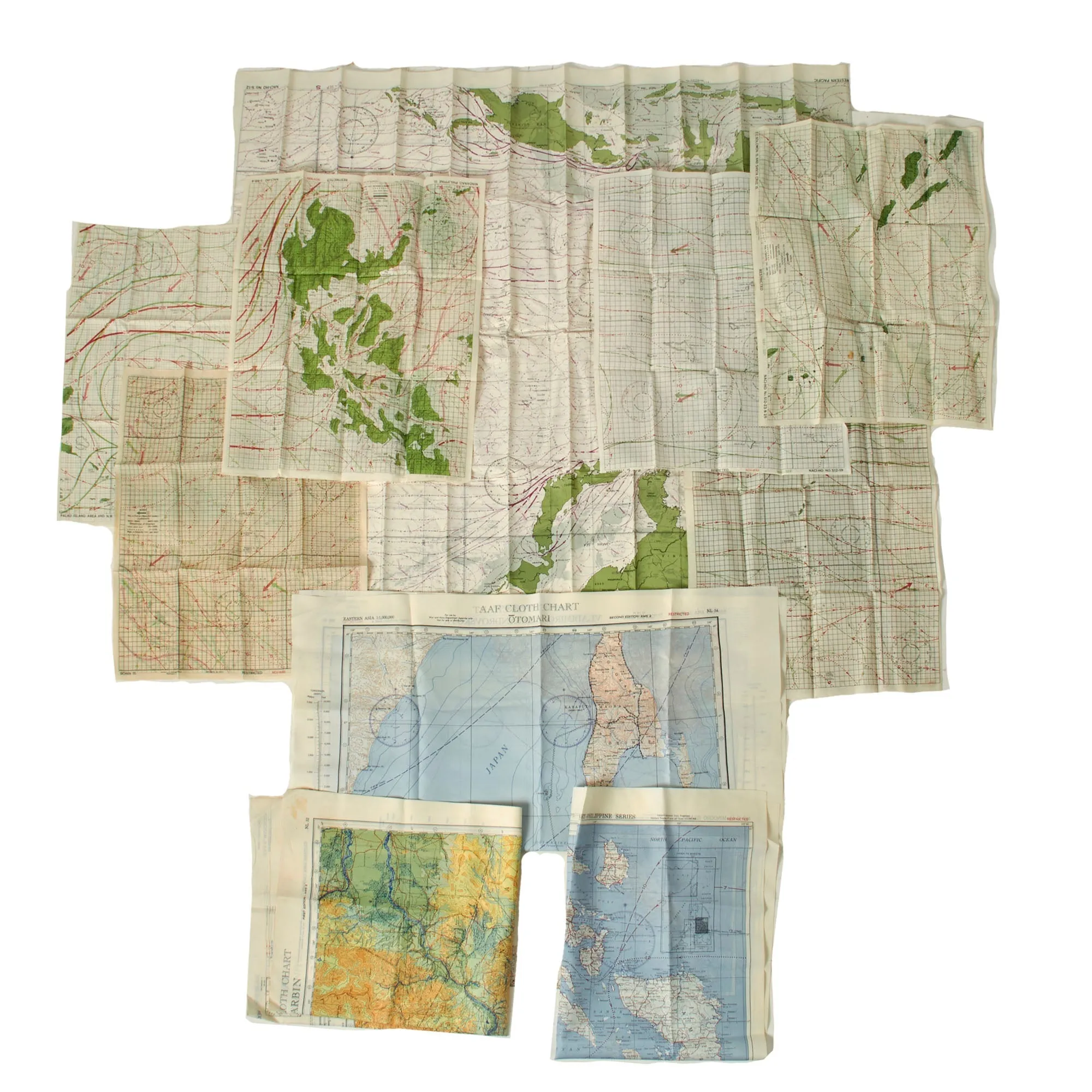 Original British WWII Royal Air Force Silk Evasion Map Lot - Set of 5