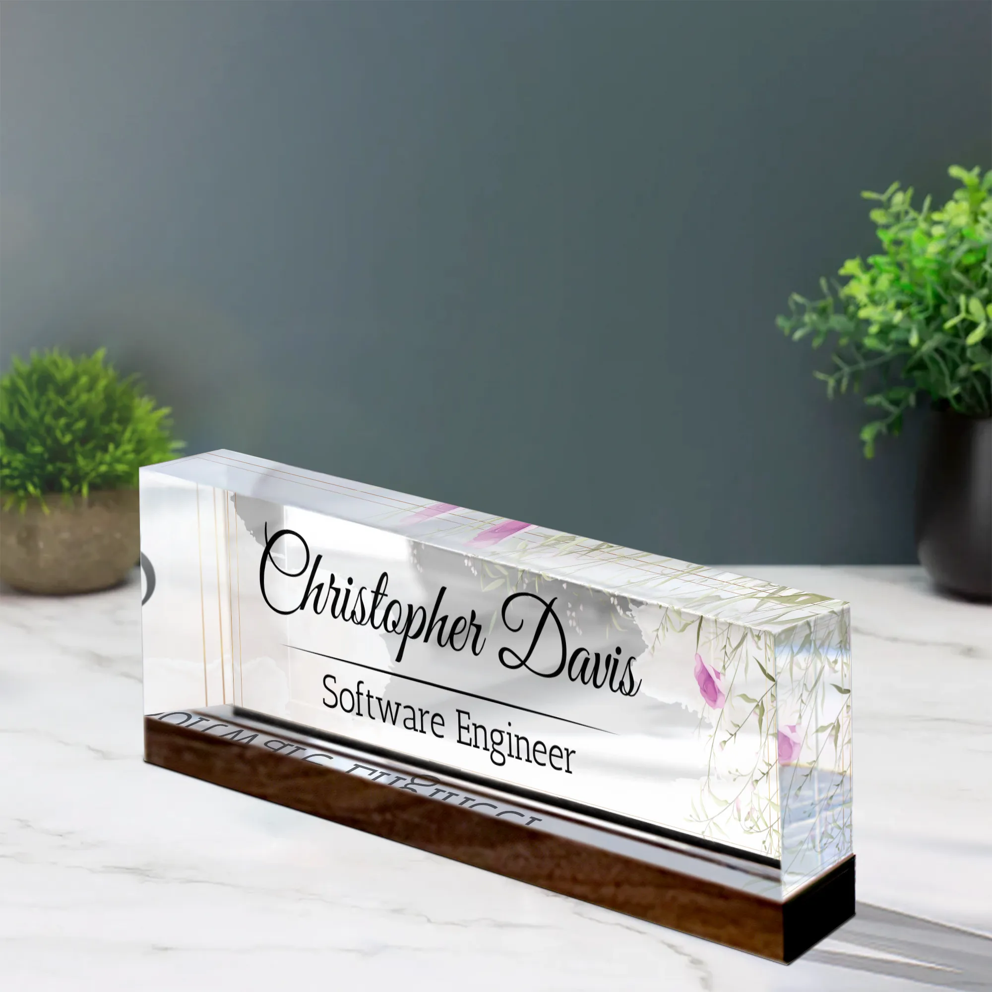 Personalized Name Plate Acrylic For Desk, Custom Employee Appreciation Gifts,  Custom Floral Desk Name Plate, Acrylic Desk Name TD81-29