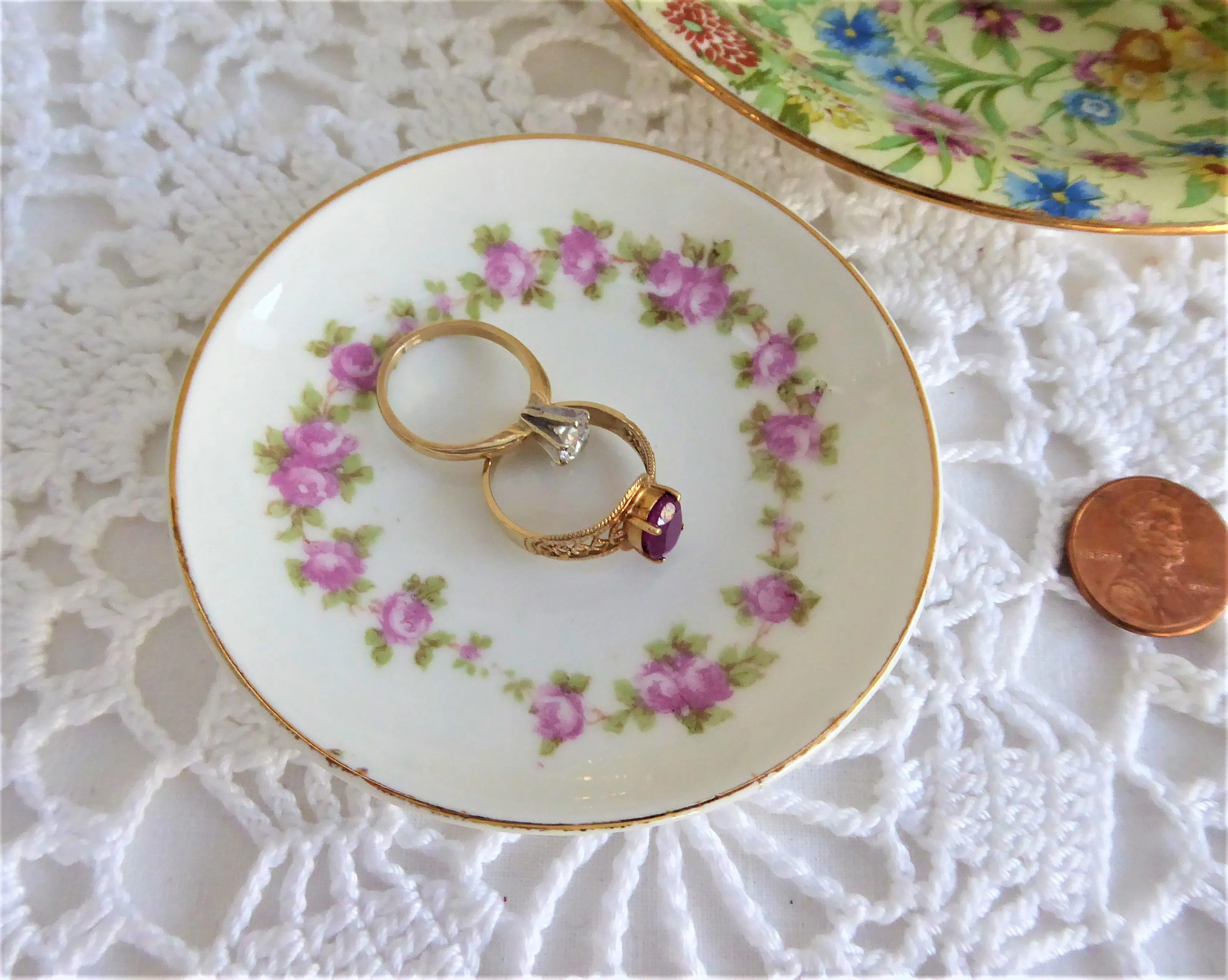 Pink Roses Butter Pat English Antique Butter Chip Teabag Caddy Wreath 1890s Ring Dish