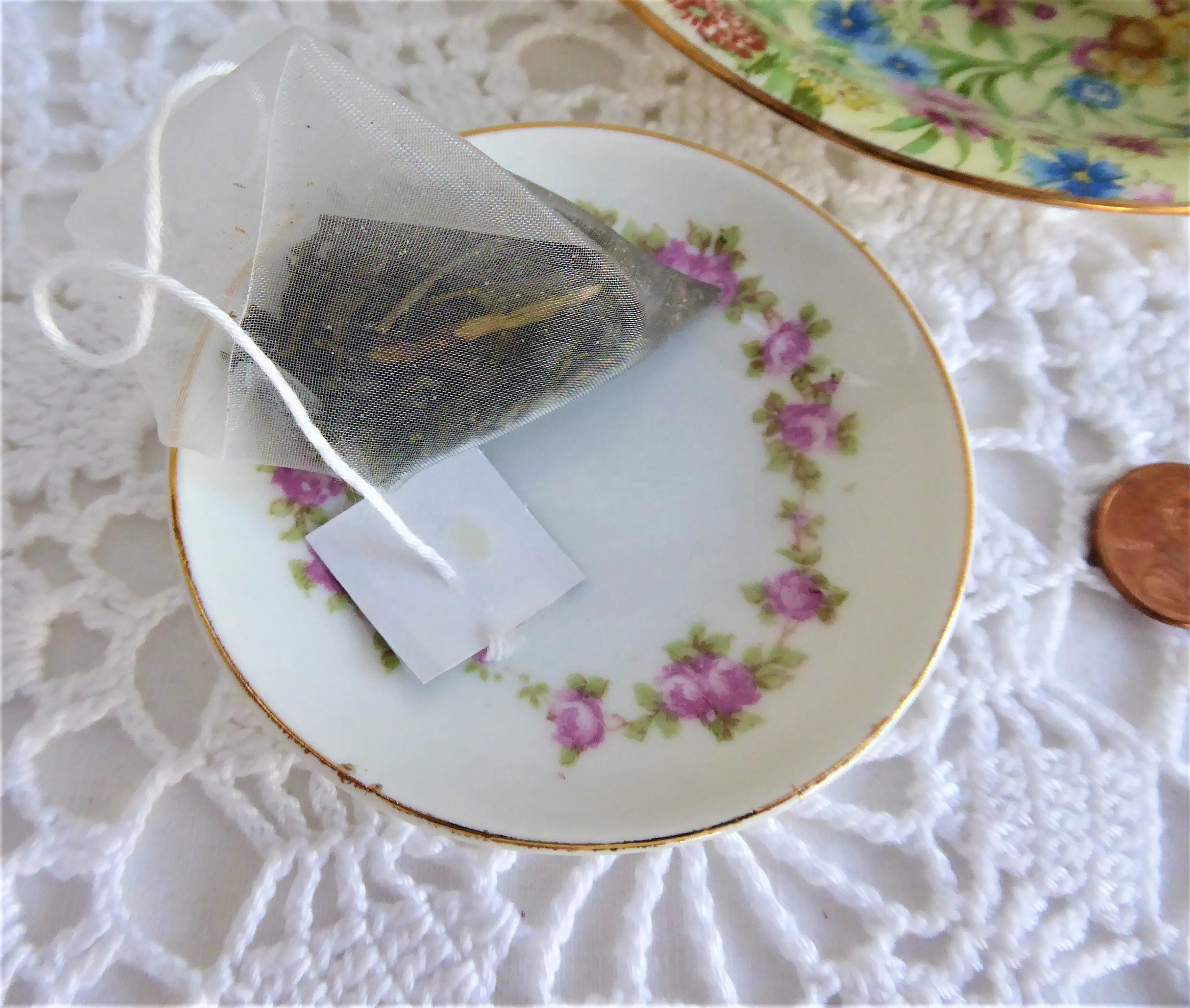 Pink Roses Butter Pat English Antique Butter Chip Teabag Caddy Wreath 1890s Ring Dish