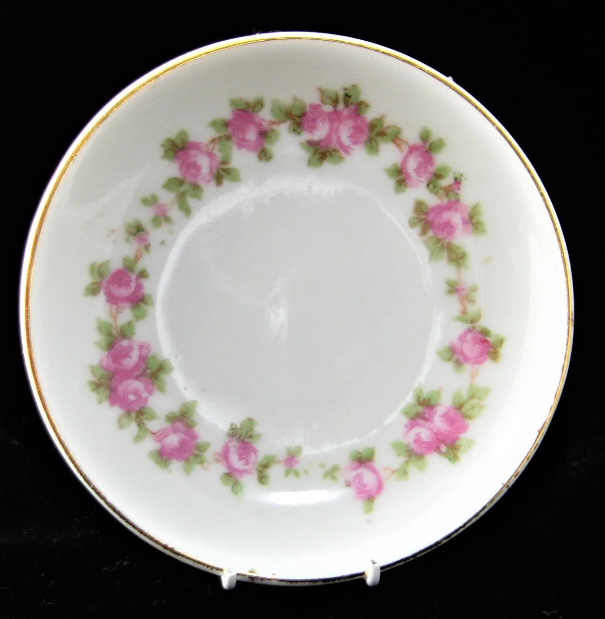 Pink Roses Butter Pat English Antique Butter Chip Teabag Caddy Wreath 1890s Ring Dish