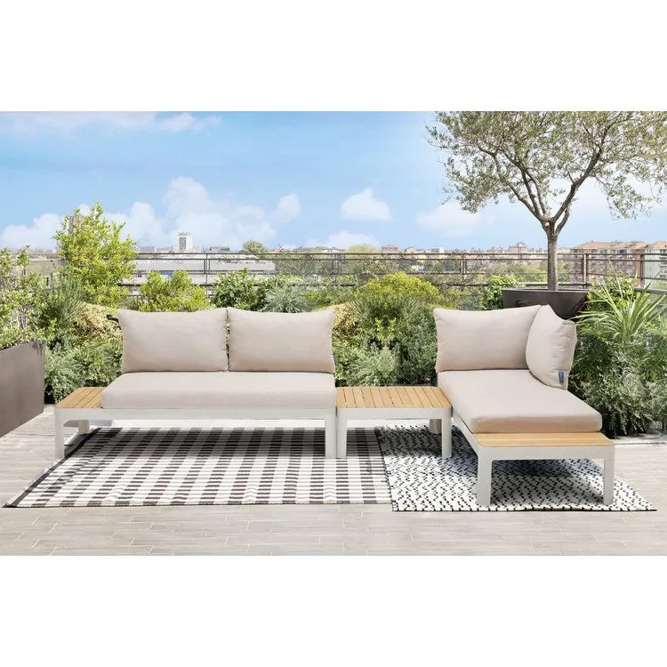 Portals Outdoor Three-Piece Sofa Set in Light Matte Sand Finish with Natural Teak Wood Top Accent