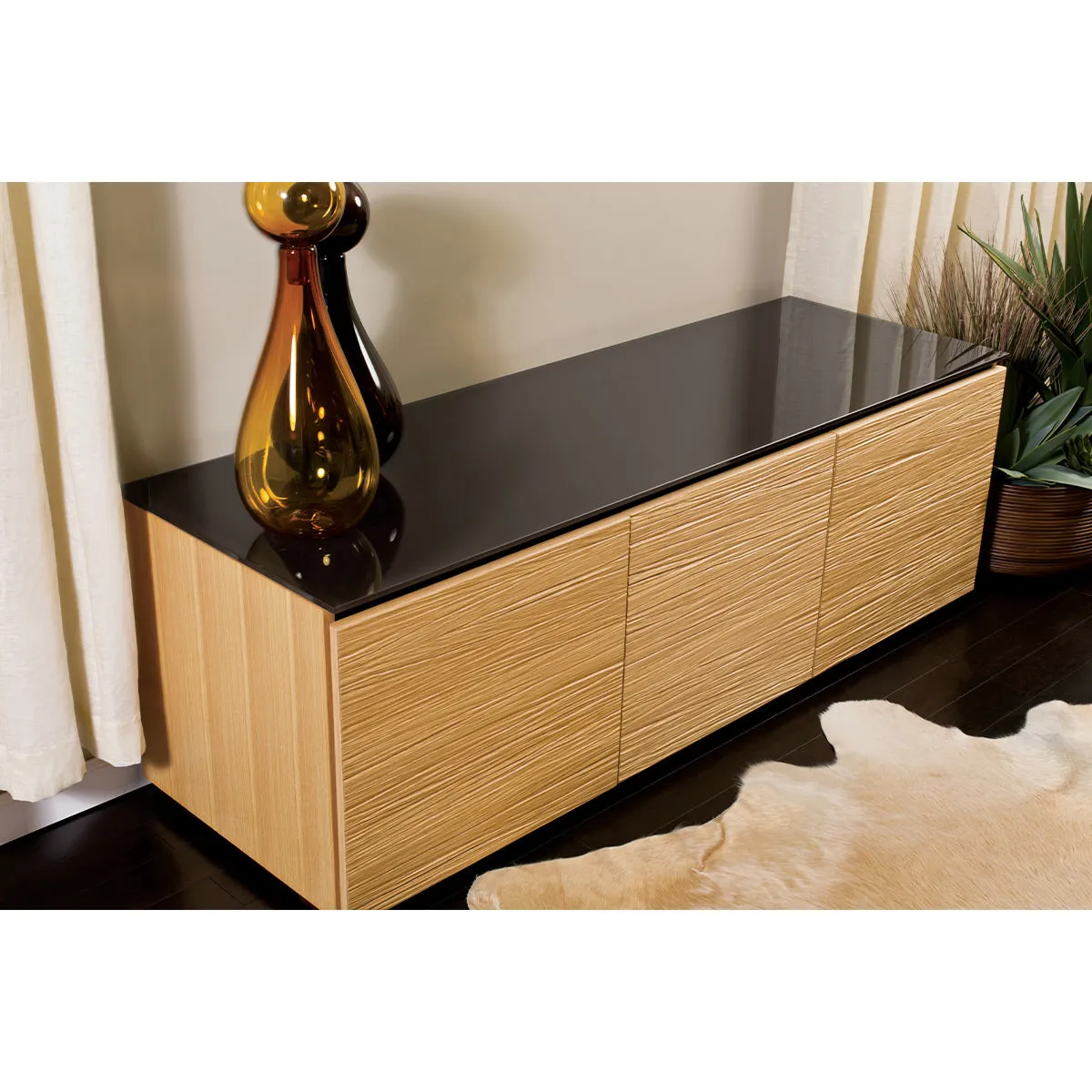 Salamander Chameleon Collection Denver 237 Triple AV Cabinet (Deep Textured Natural Oak with Black Glass Top)
